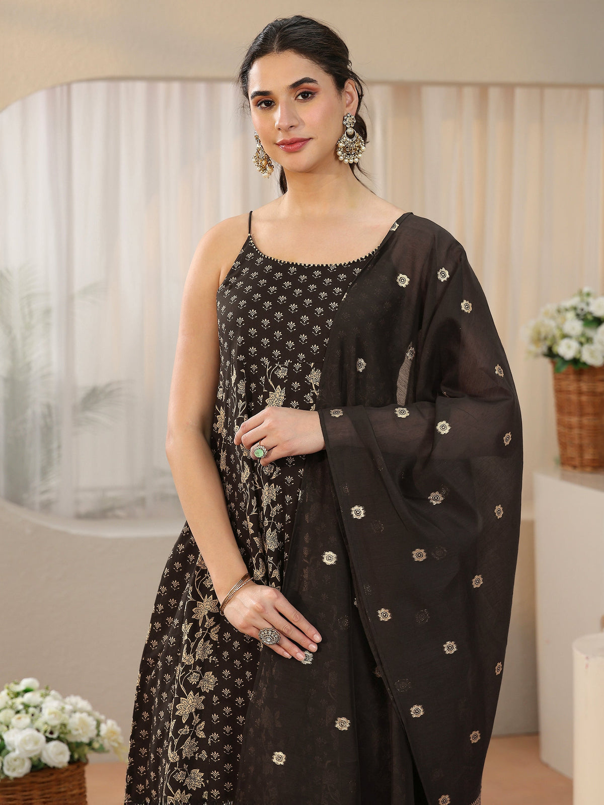 Anouk Black Floral Printed Strappy Cotton Anarkali Suit Set