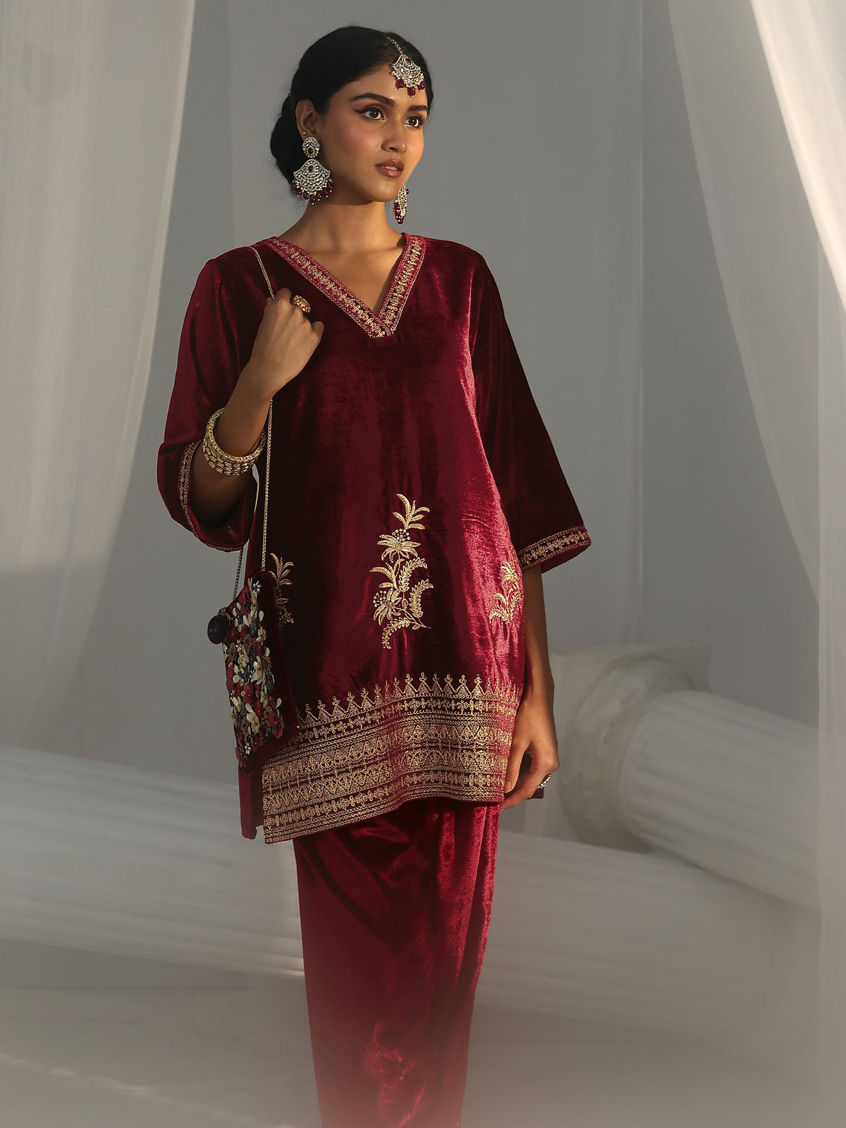 Anouk Maroon Embroidered Velvet Co-Ord Set