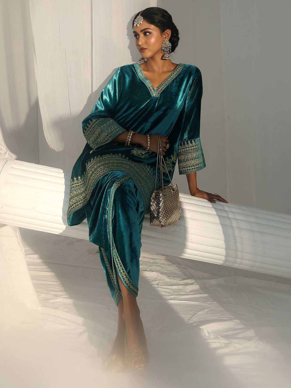 Anouk Turquoise Blue Embroidered Velvet Co-Ord Set