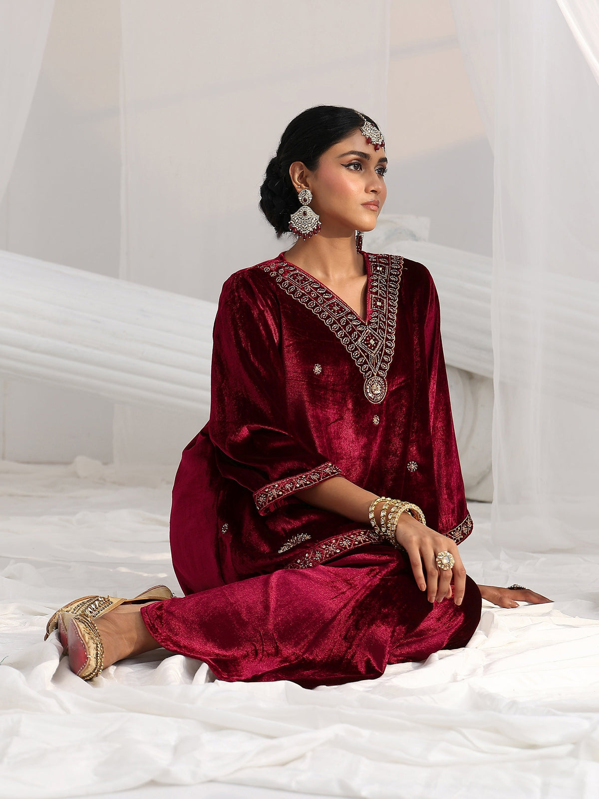 Anouk Crimson Red Emellished Velvet Co-Ord Set