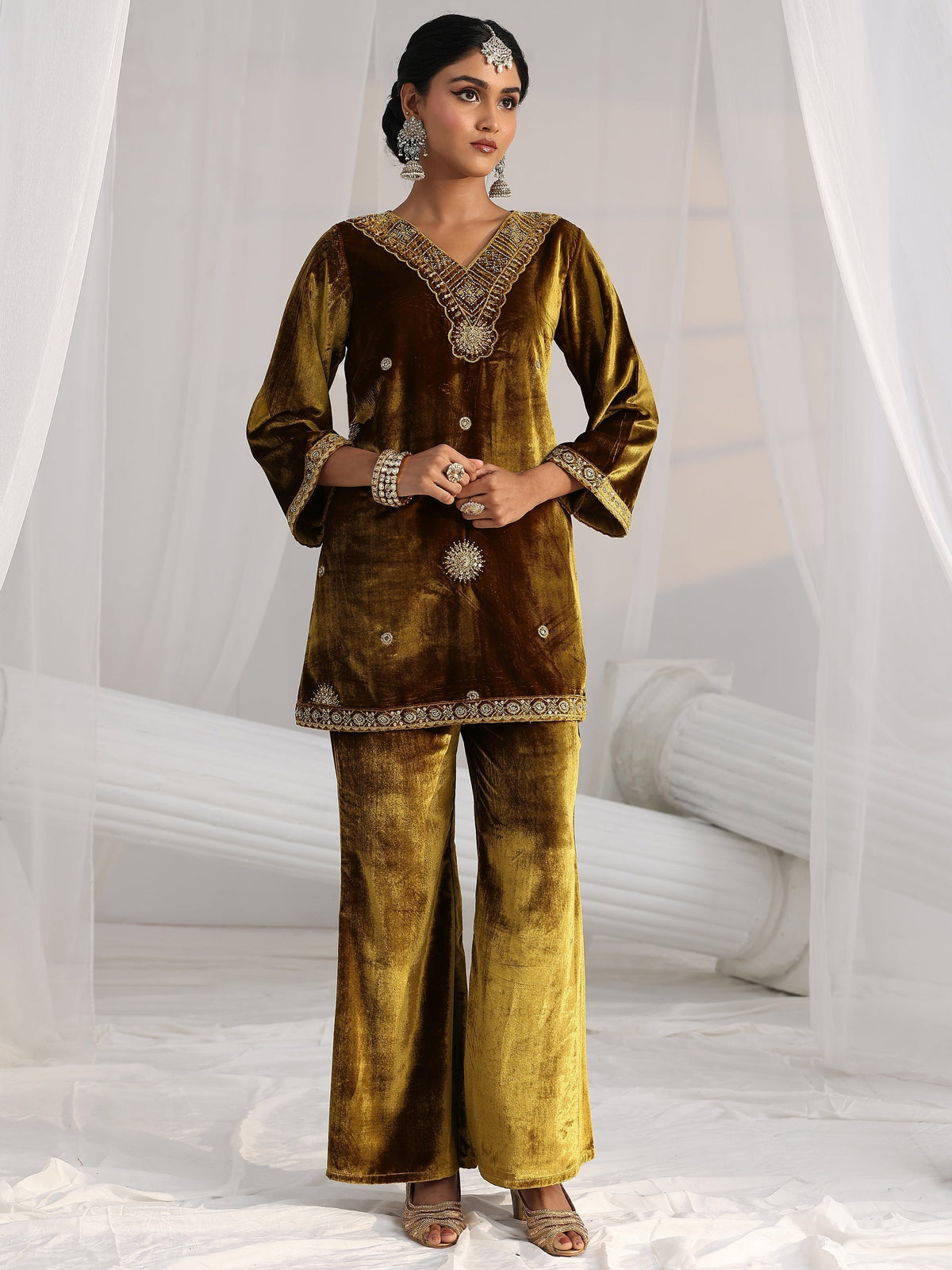 Anouk Mustard Emellished Velvet Co-Ord Set