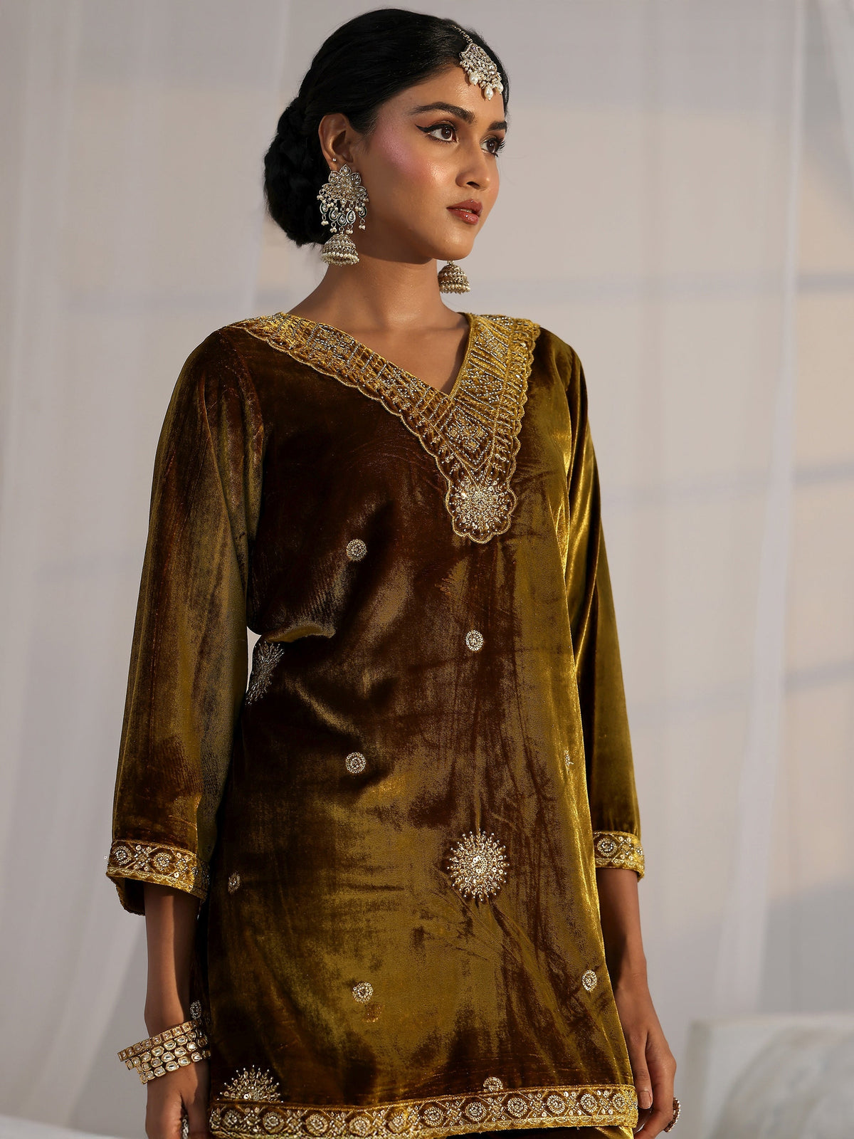 Anouk Mustard Emellished Velvet Co-Ord Set