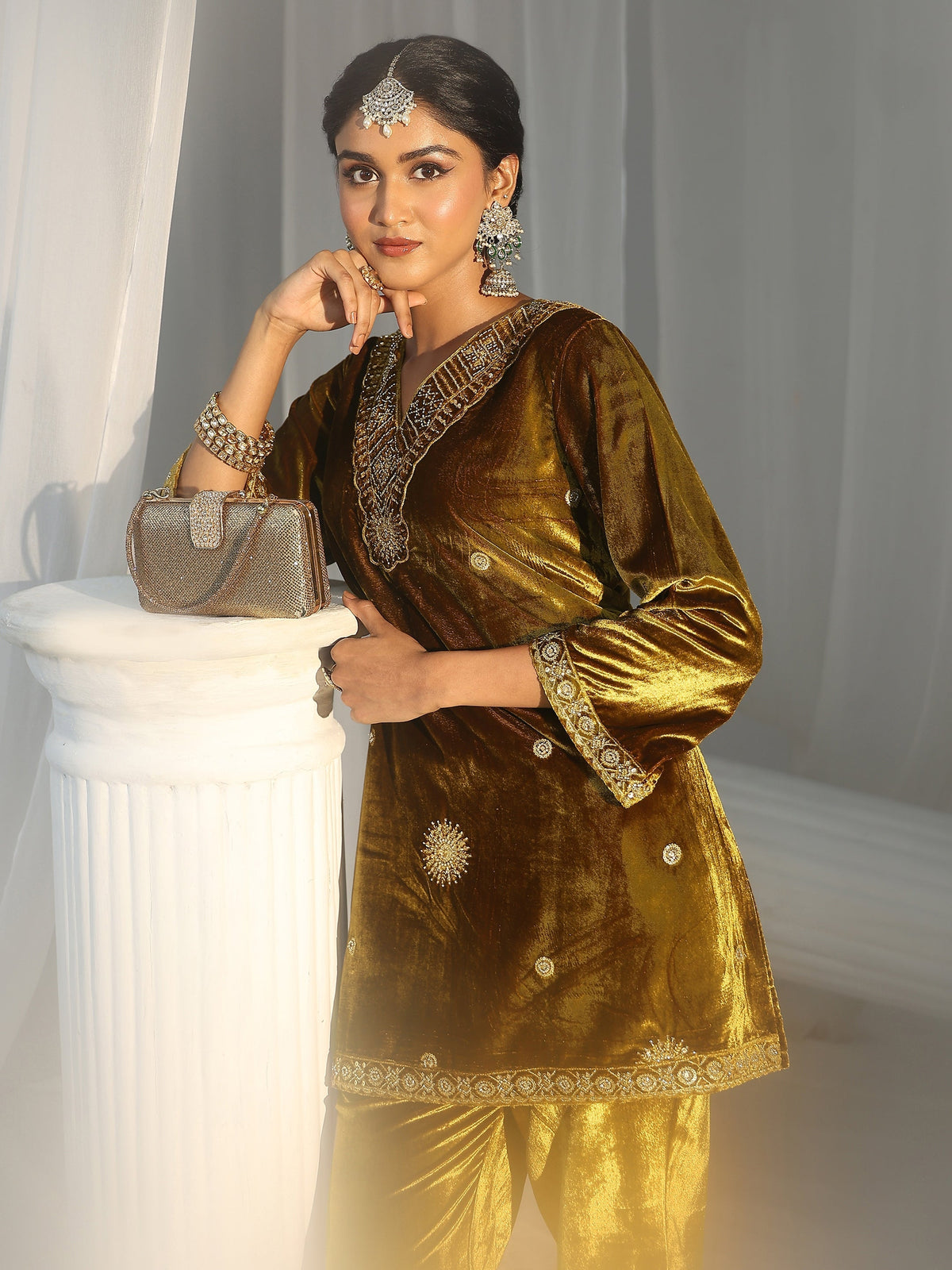 Anouk Mustard Emellished Velvet Co-Ord Set