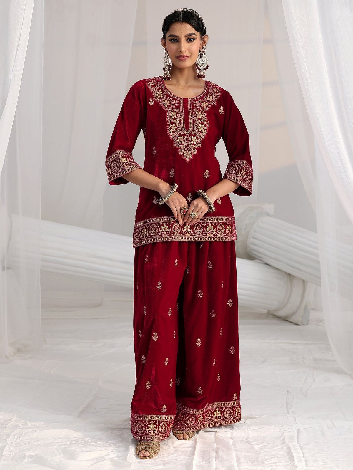 Anouk Crimson Red Floral Embroidered Velvet Co-Ord Set