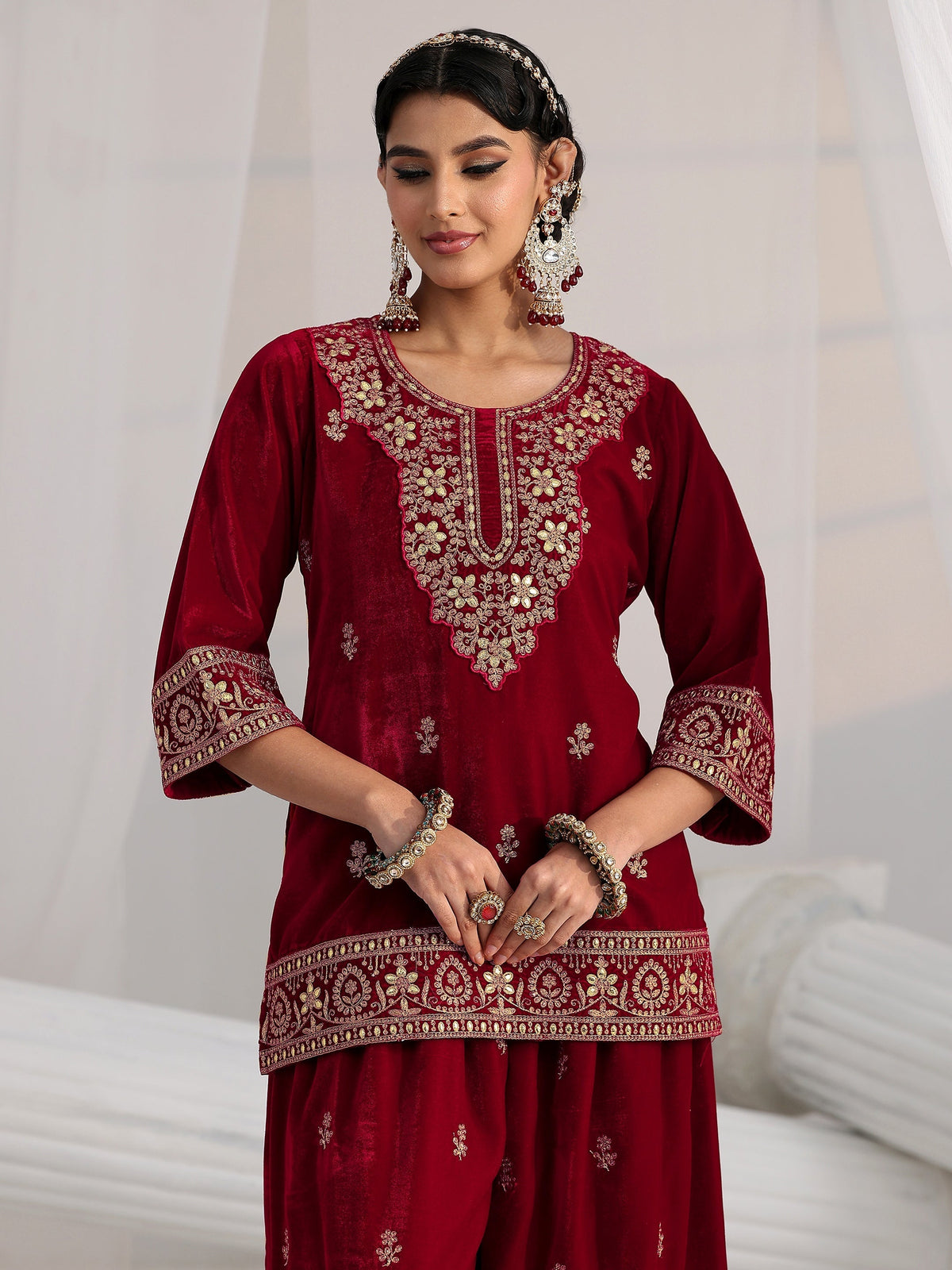 Anouk Crimson Red Floral Embroidered Velvet Co-Ord Set