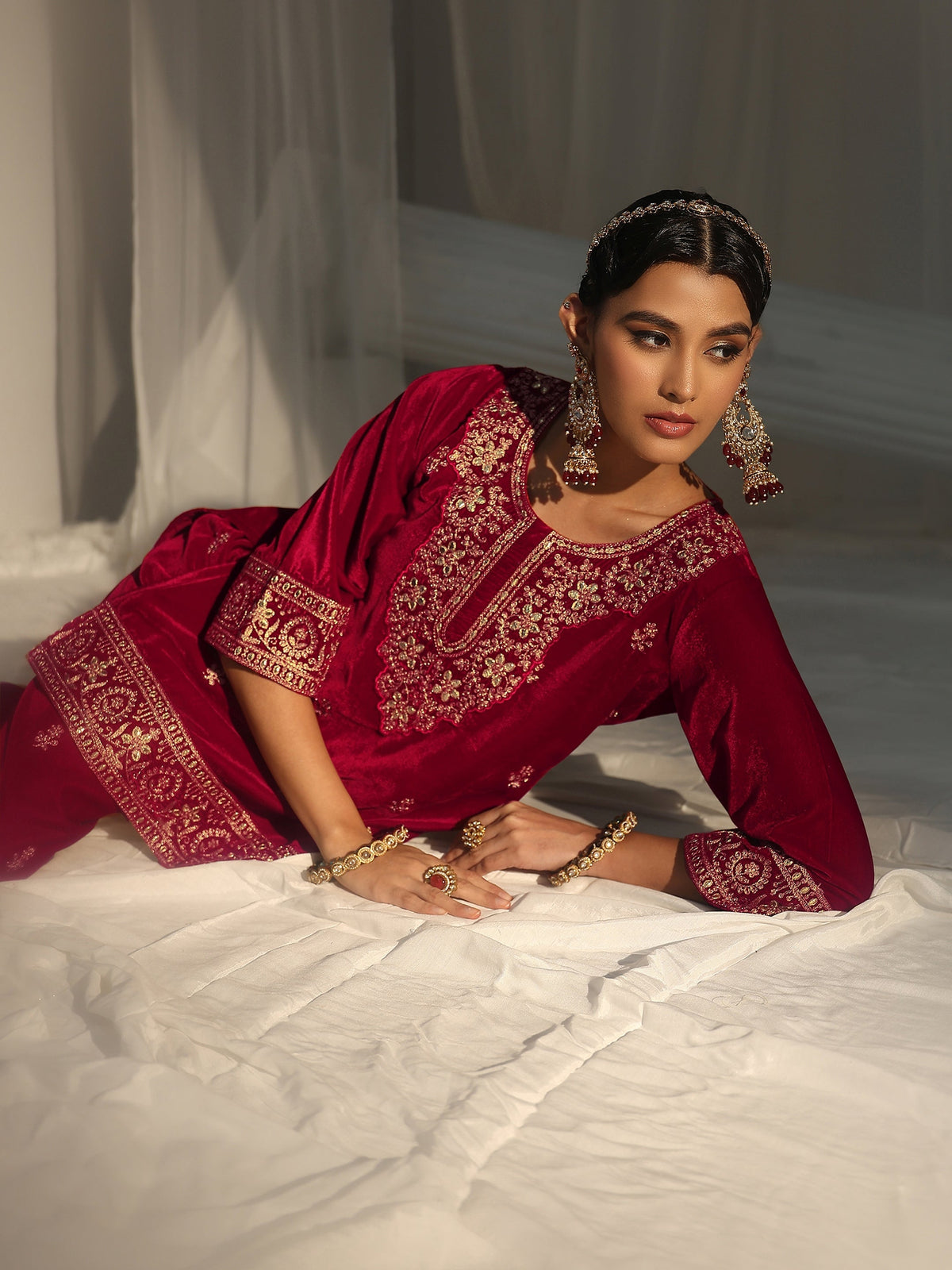 Anouk Crimson Red Floral Embroidered Velvet Co-Ord Set