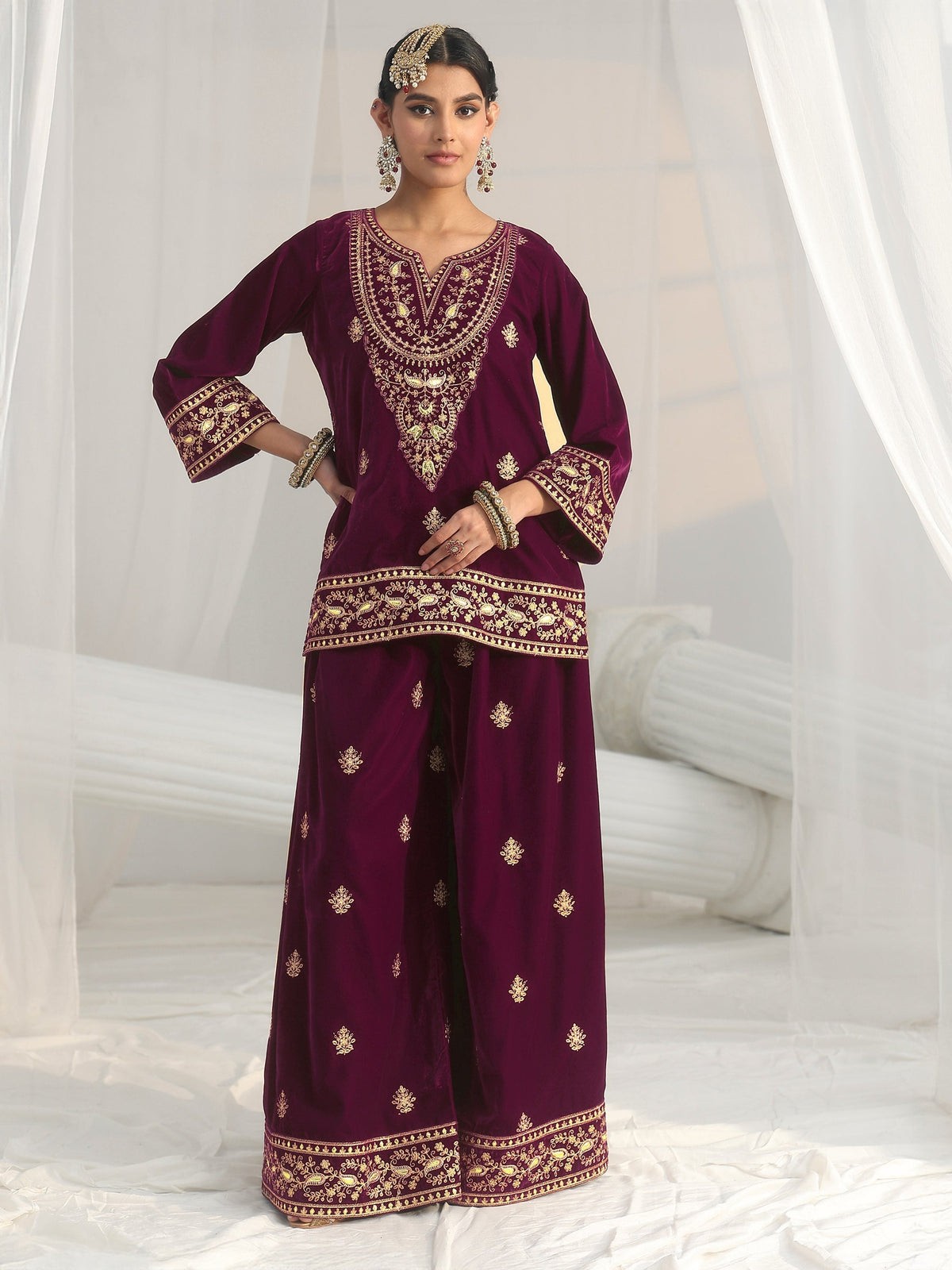 Anouk Burgundy Yoke Embroidered Design Velvet Co-Ord Set