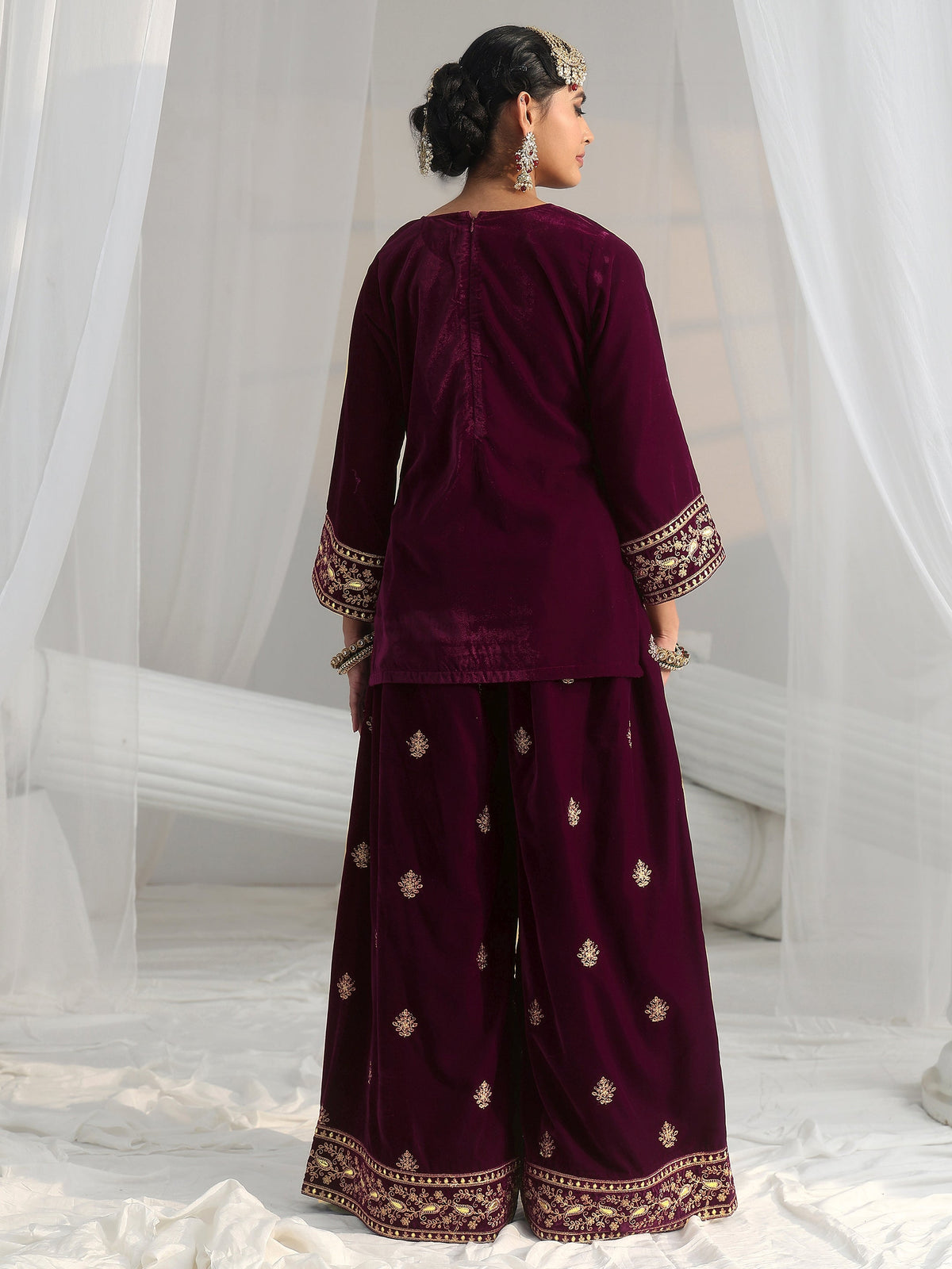 Anouk Burgundy Yoke Embroidered Design Velvet Co-Ord Set