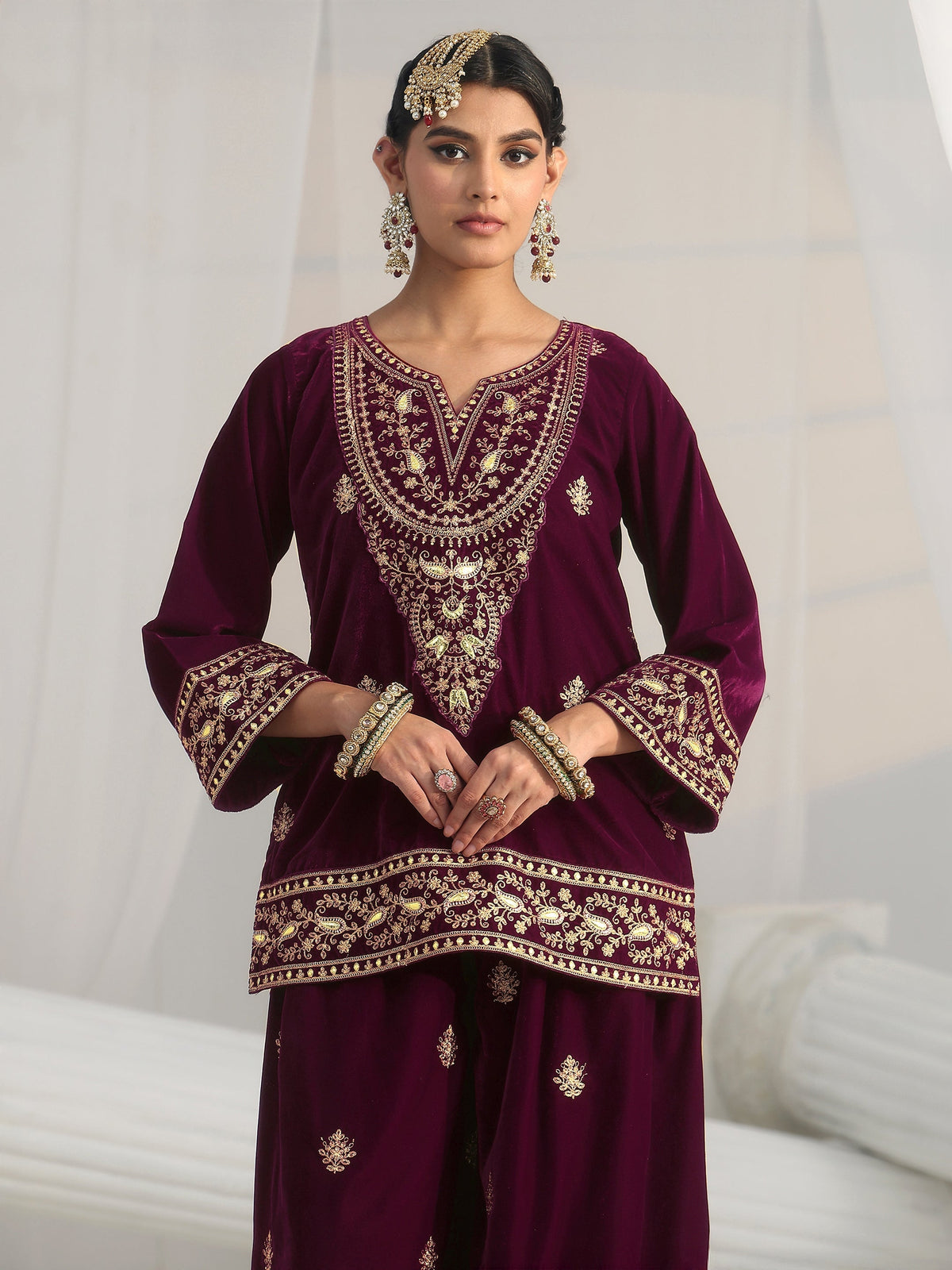 Anouk Burgundy Yoke Embroidered Design Velvet Co-Ord Set