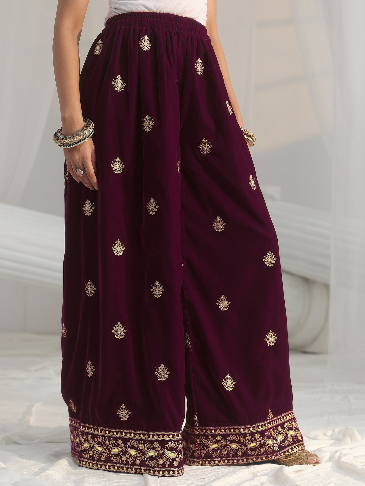 Anouk Burgundy Yoke Embroidered Design Velvet Co-Ord Set