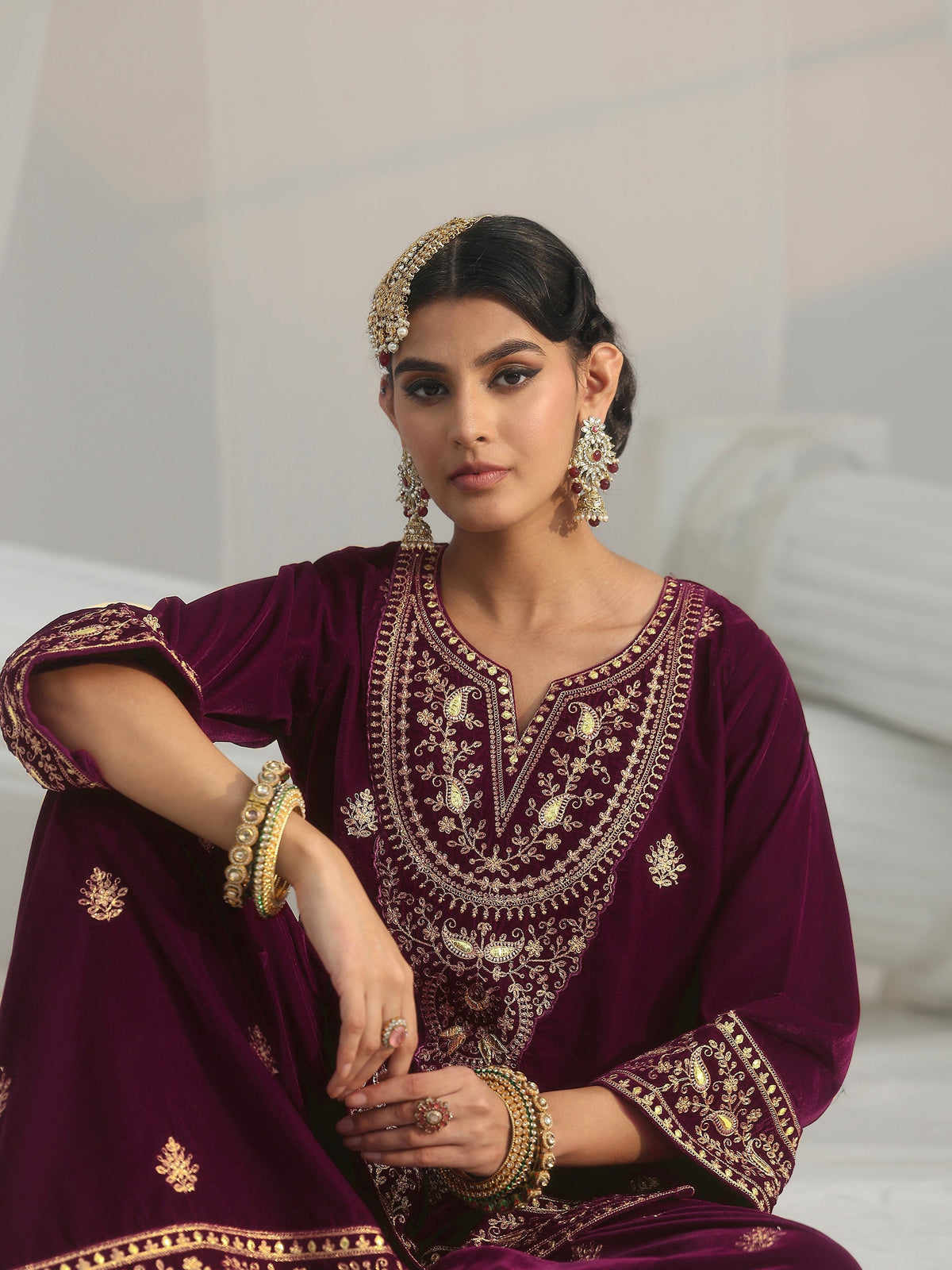 Anouk Burgundy Yoke Embroidered Design Velvet Co-Ord Set