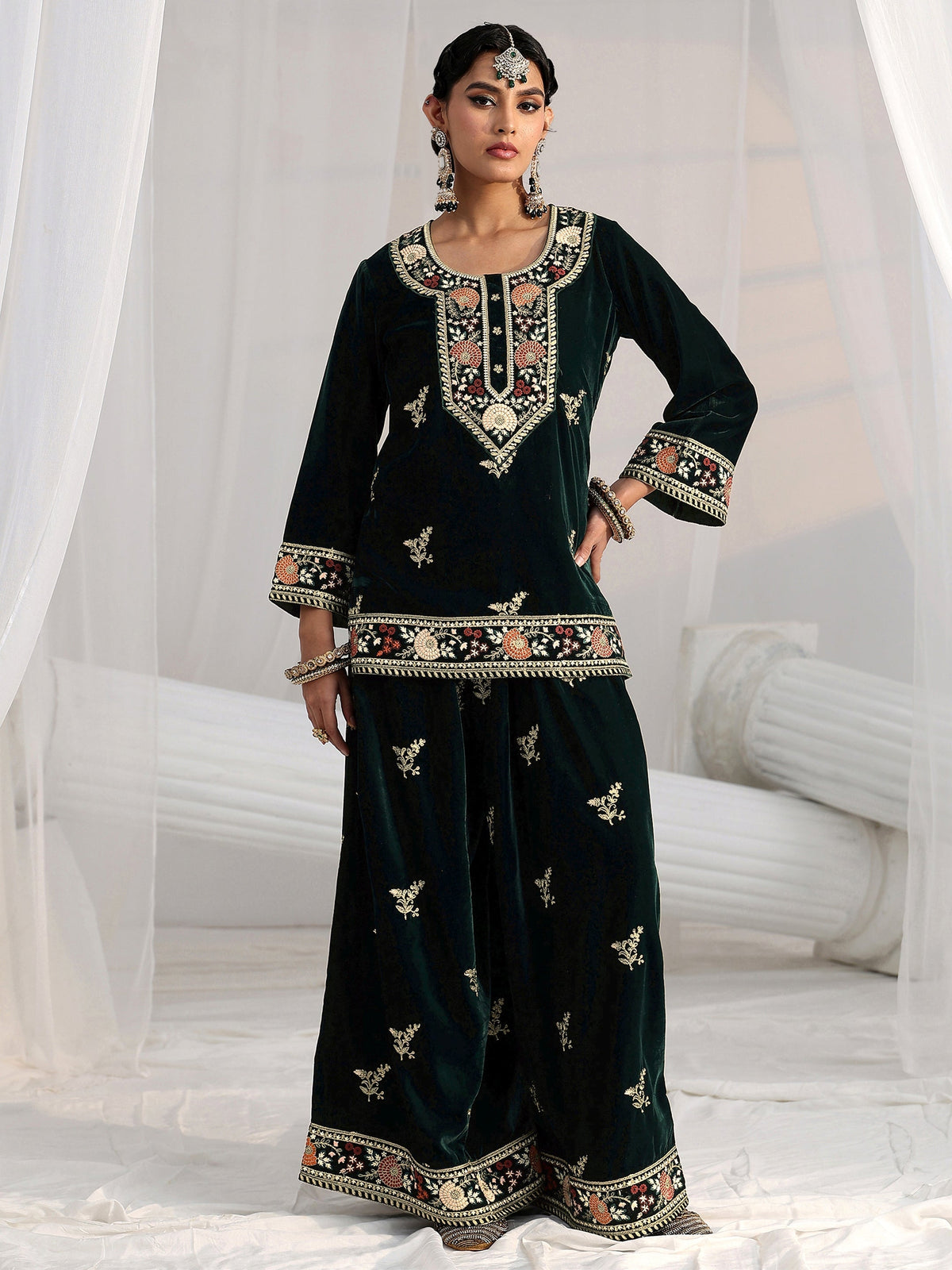 Anouk Dark Teal Green Yoke Embroidered Design Velvet Co-Ord Set