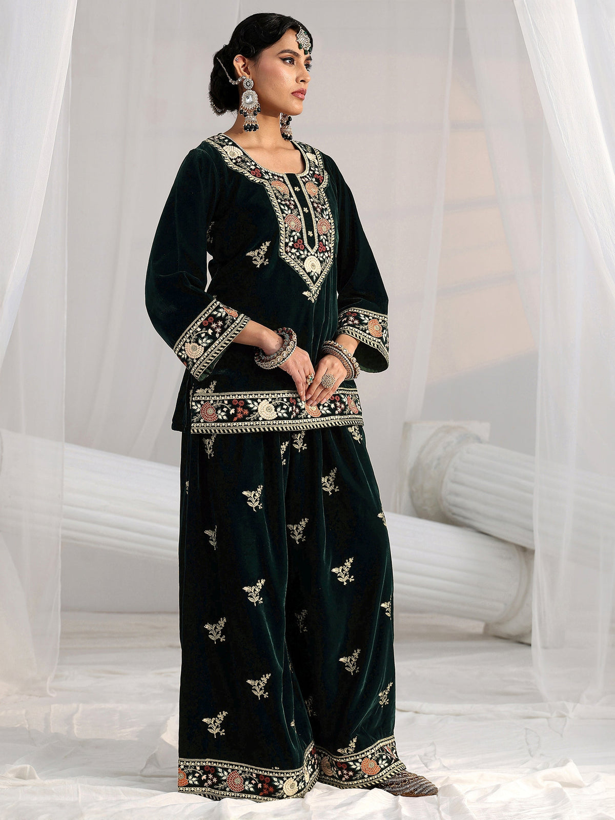 Anouk Dark Teal Green Yoke Embroidered Design Velvet Co-Ord Set