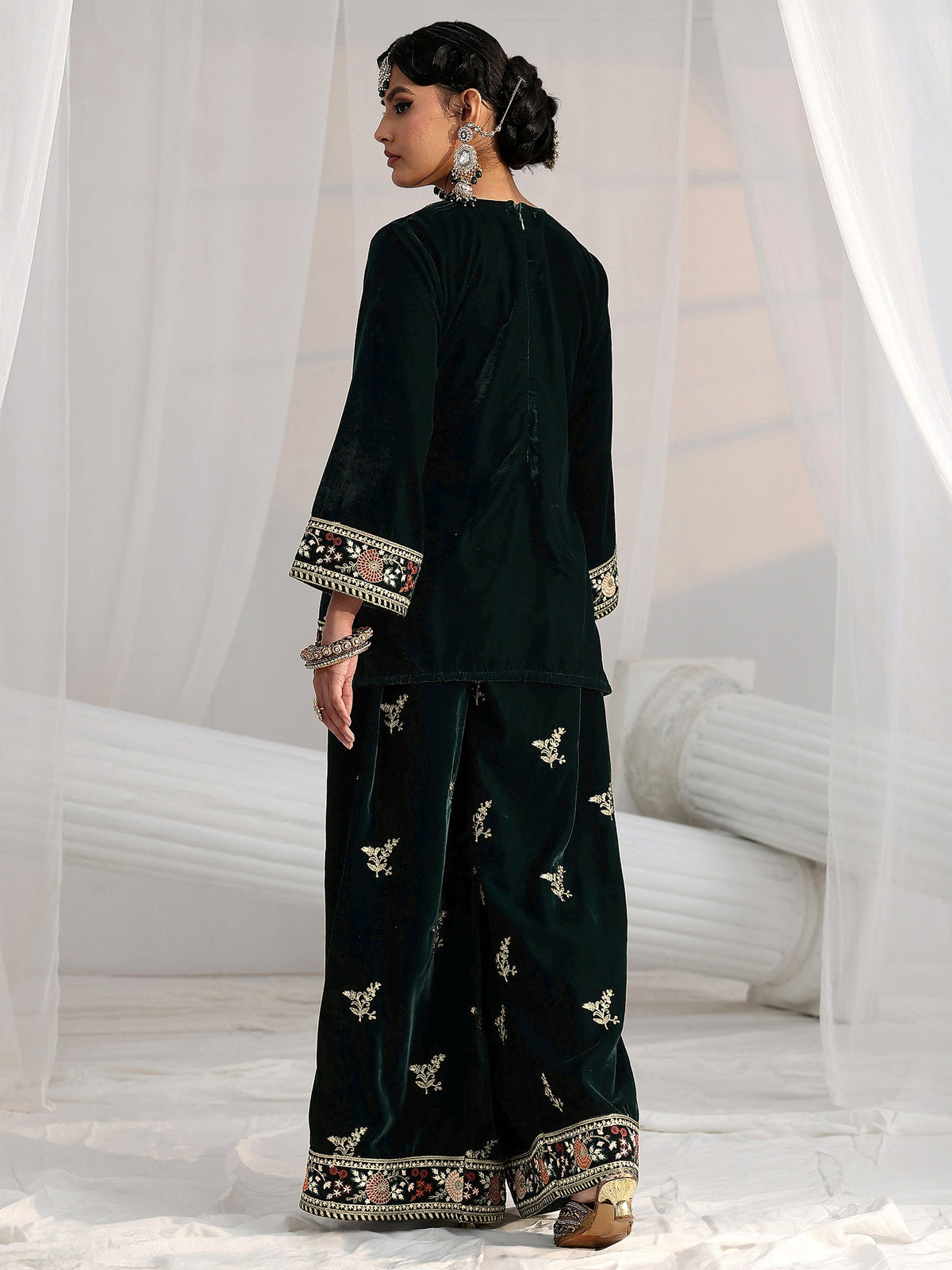 Anouk Dark Teal Green Yoke Embroidered Design Velvet Co-Ord Set