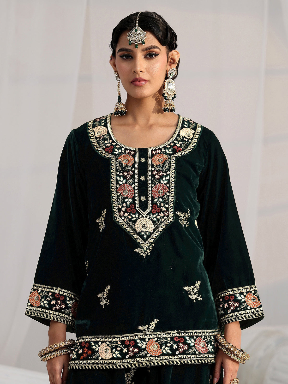 Anouk Dark Teal Green Yoke Embroidered Design Velvet Co-Ord Set
