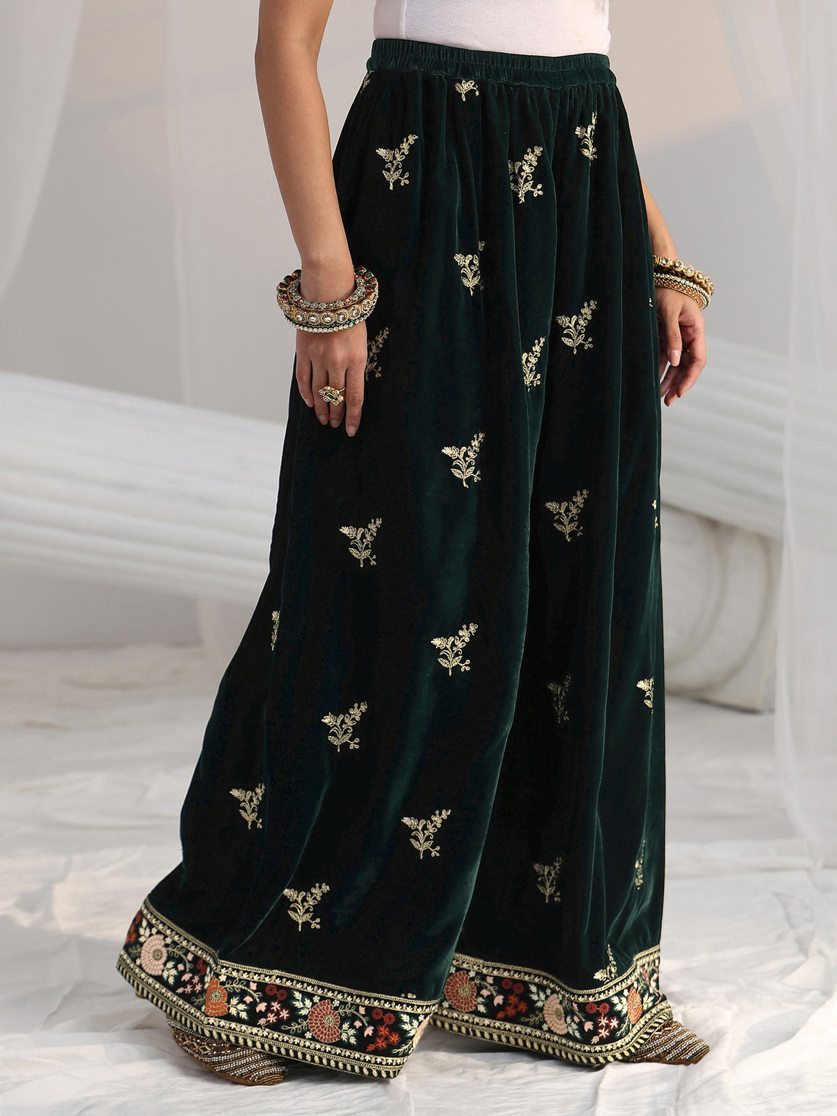 Anouk Dark Teal Green Yoke Embroidered Design Velvet Co-Ord Set