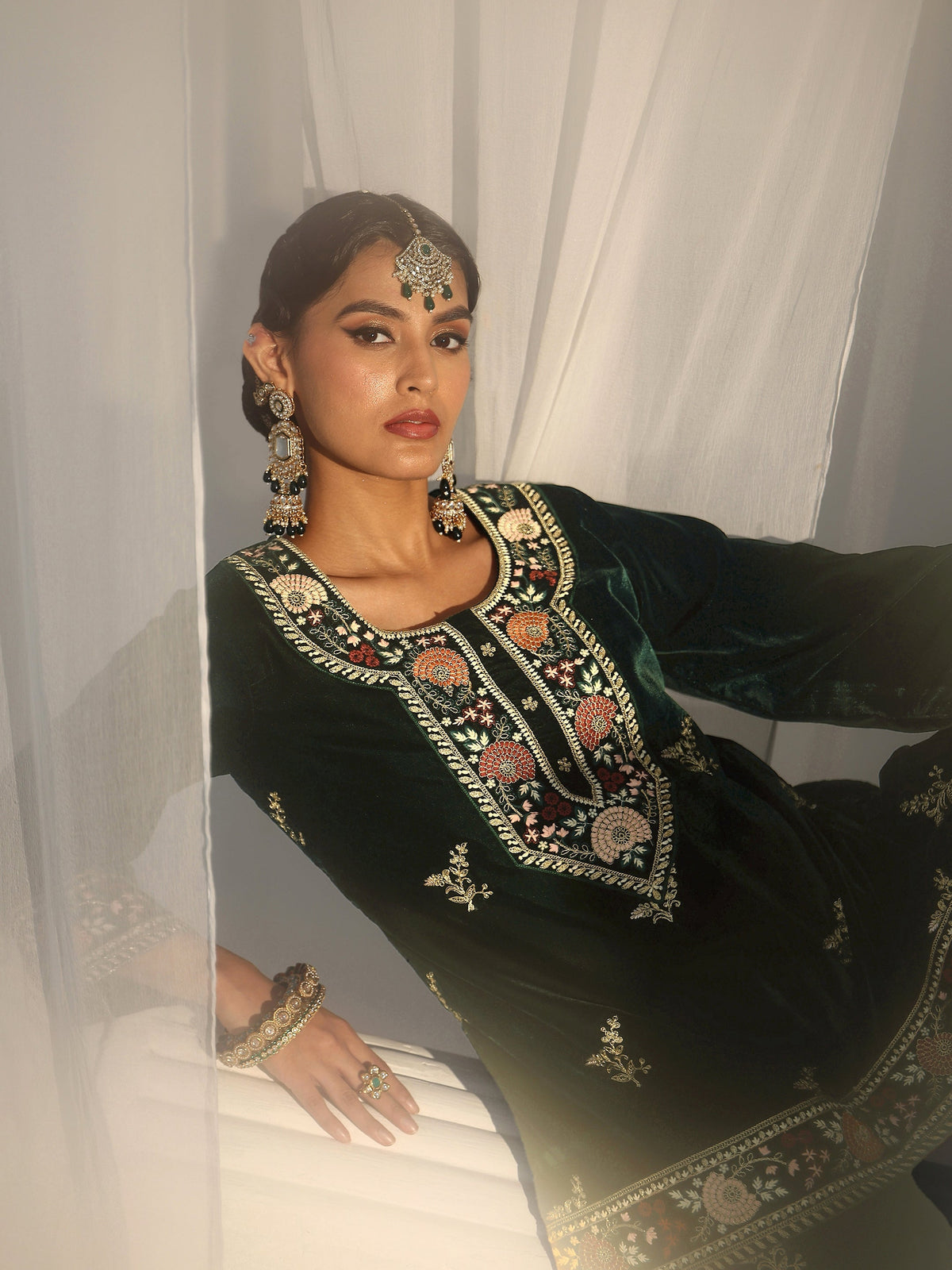 Anouk Dark Teal Green Yoke Embroidered Design Velvet Co-Ord Set