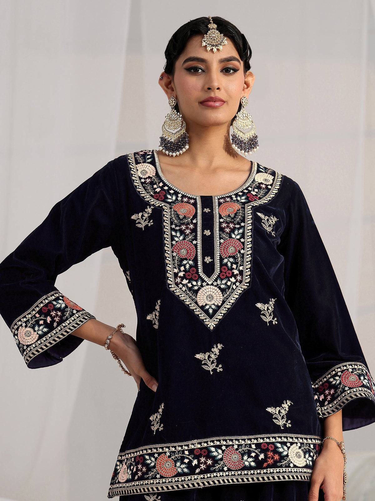 Anouk Navy Blue Yoke Embroidered Design Velvet Co-Ord Set