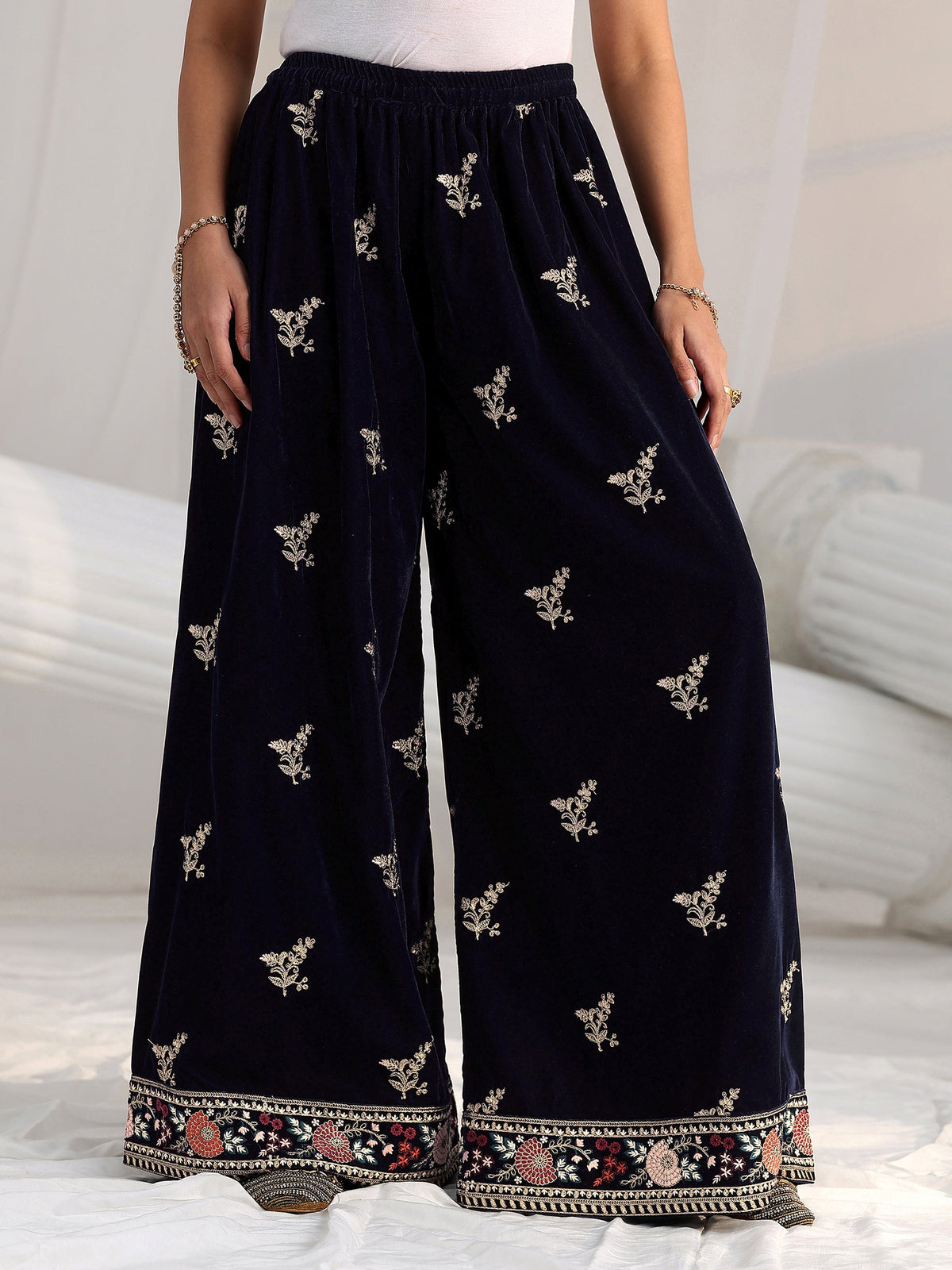 Anouk Navy Blue Yoke Embroidered Design Velvet Co-Ord Set