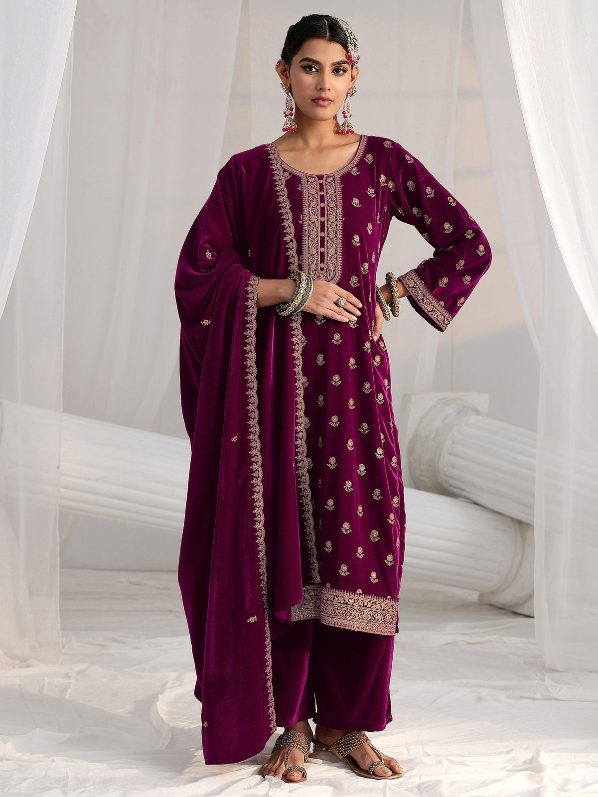 Anouk Magenta Floral Embroidered Velvet Straight Suit Set