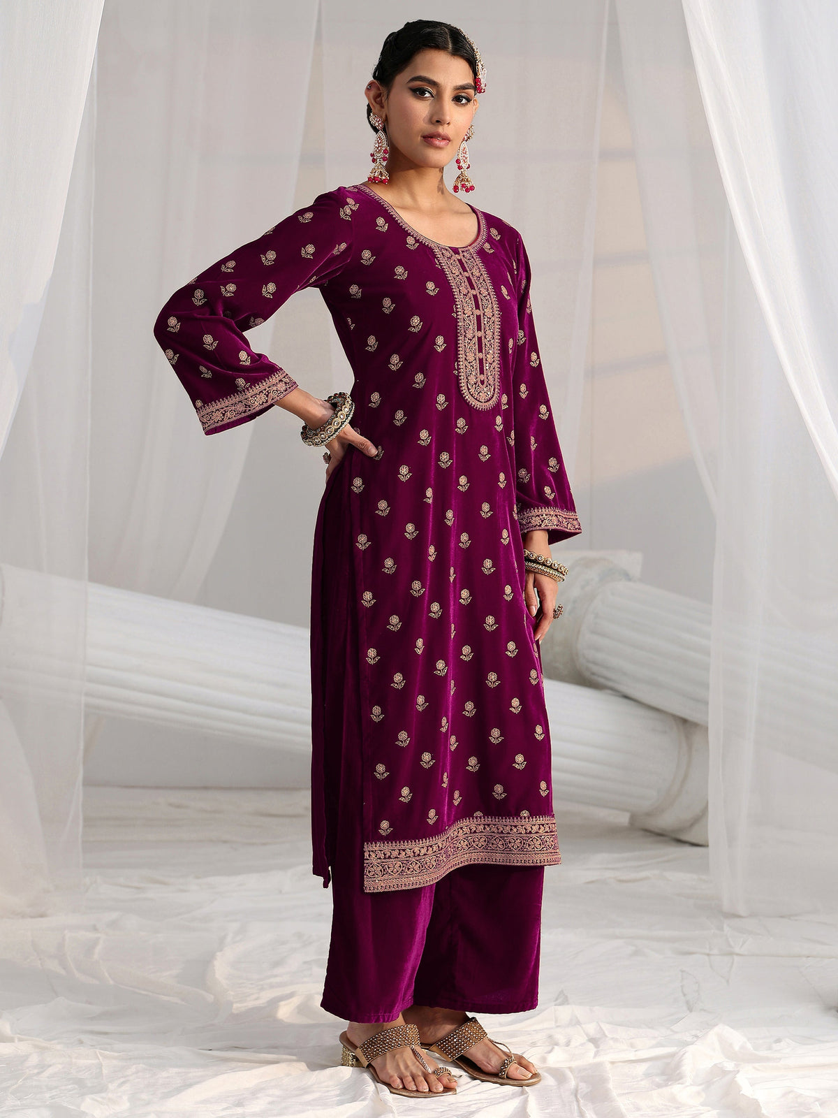 Anouk Magenta Floral Embroidered Velvet Straight Suit Set
