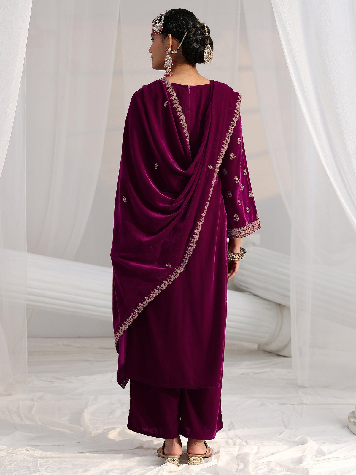 Anouk Magenta Floral Embroidered Velvet Straight Suit Set