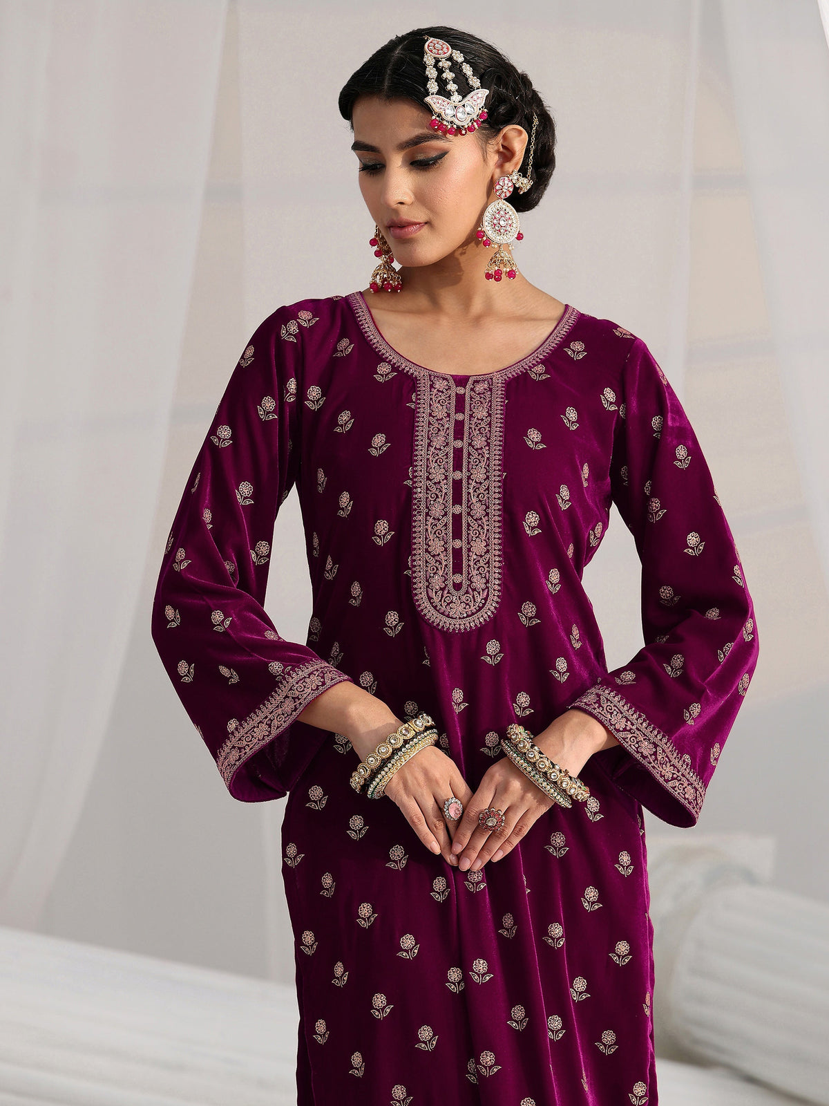 Anouk Magenta Floral Embroidered Velvet Straight Suit Set