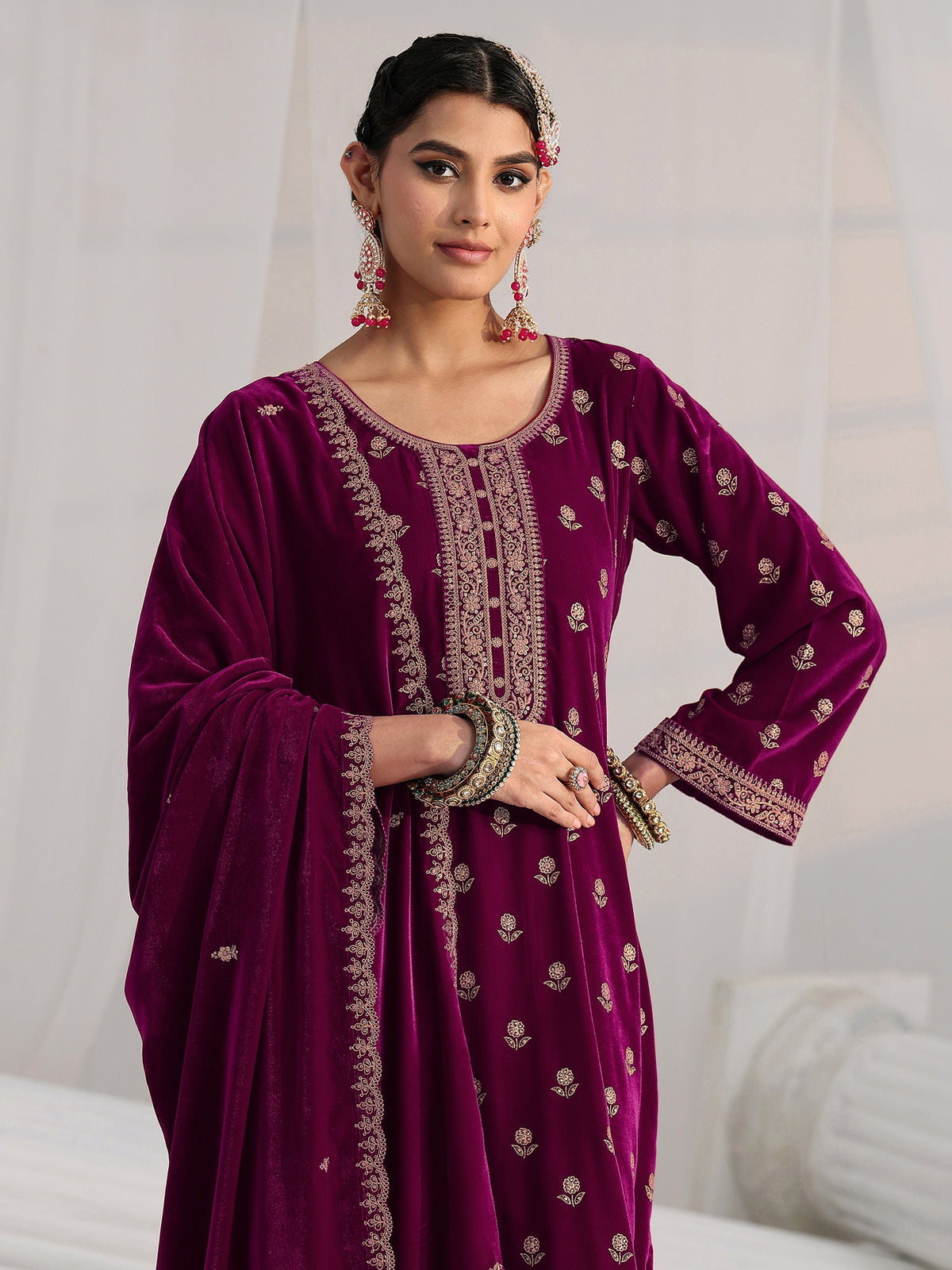 Anouk Magenta Floral Embroidered Velvet Straight Suit Set