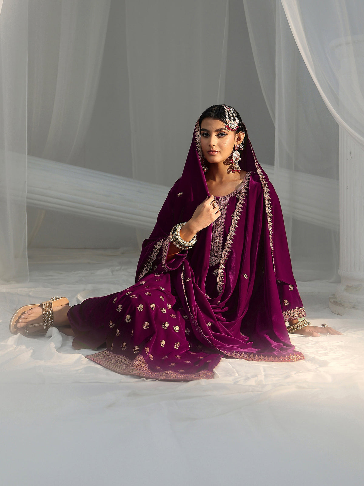 Anouk Magenta Floral Embroidered Velvet Straight Suit Set