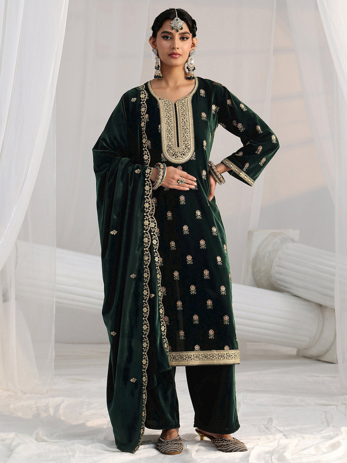 Anouk Dark Teal Green Floral Embroidered Velvet Straight Suit Set