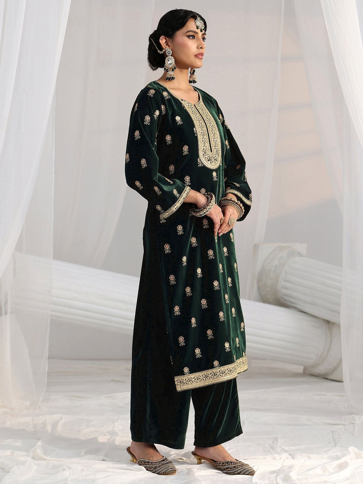 Anouk Dark Teal Green Floral Embroidered Velvet Straight Suit Set