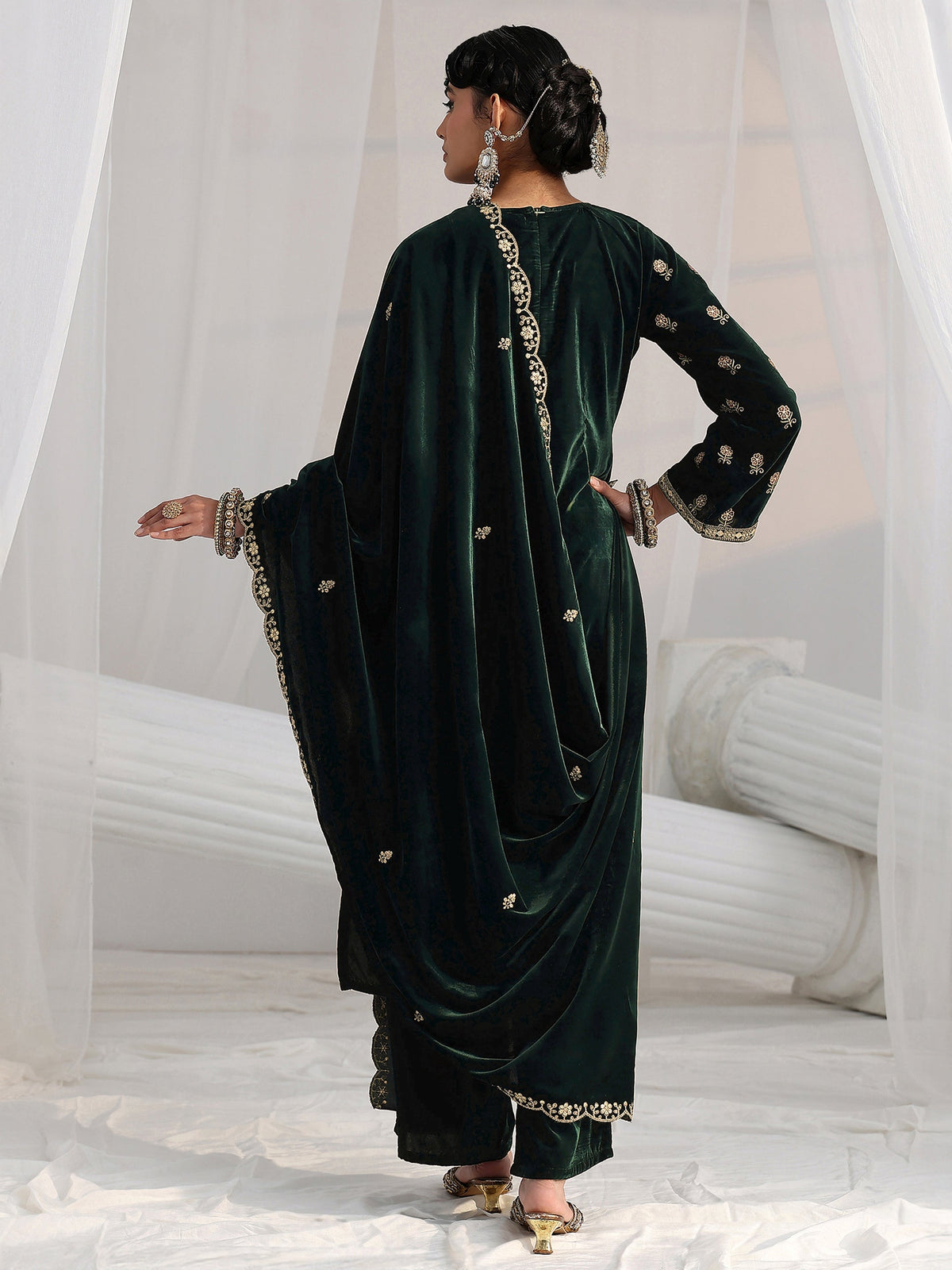 Anouk Dark Teal Green Floral Embroidered Velvet Straight Suit Set