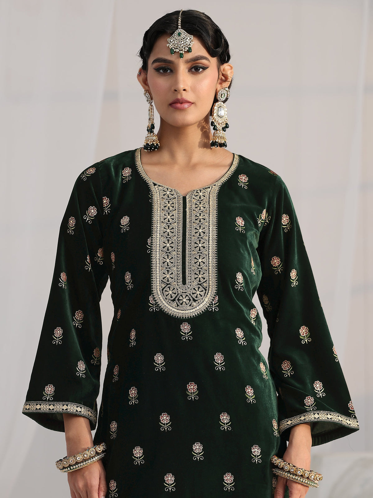 Anouk Dark Teal Green Floral Embroidered Velvet Straight Suit Set