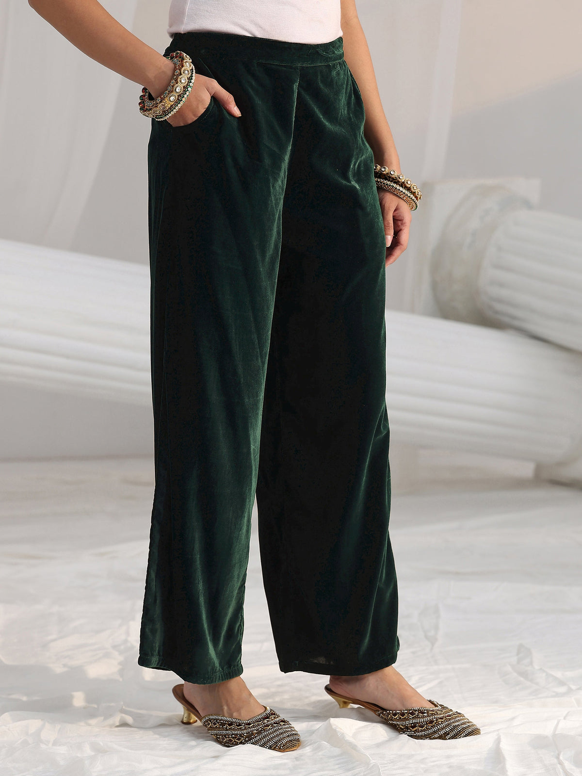 Anouk Dark Teal Green Floral Embroidered Velvet Straight Suit Set