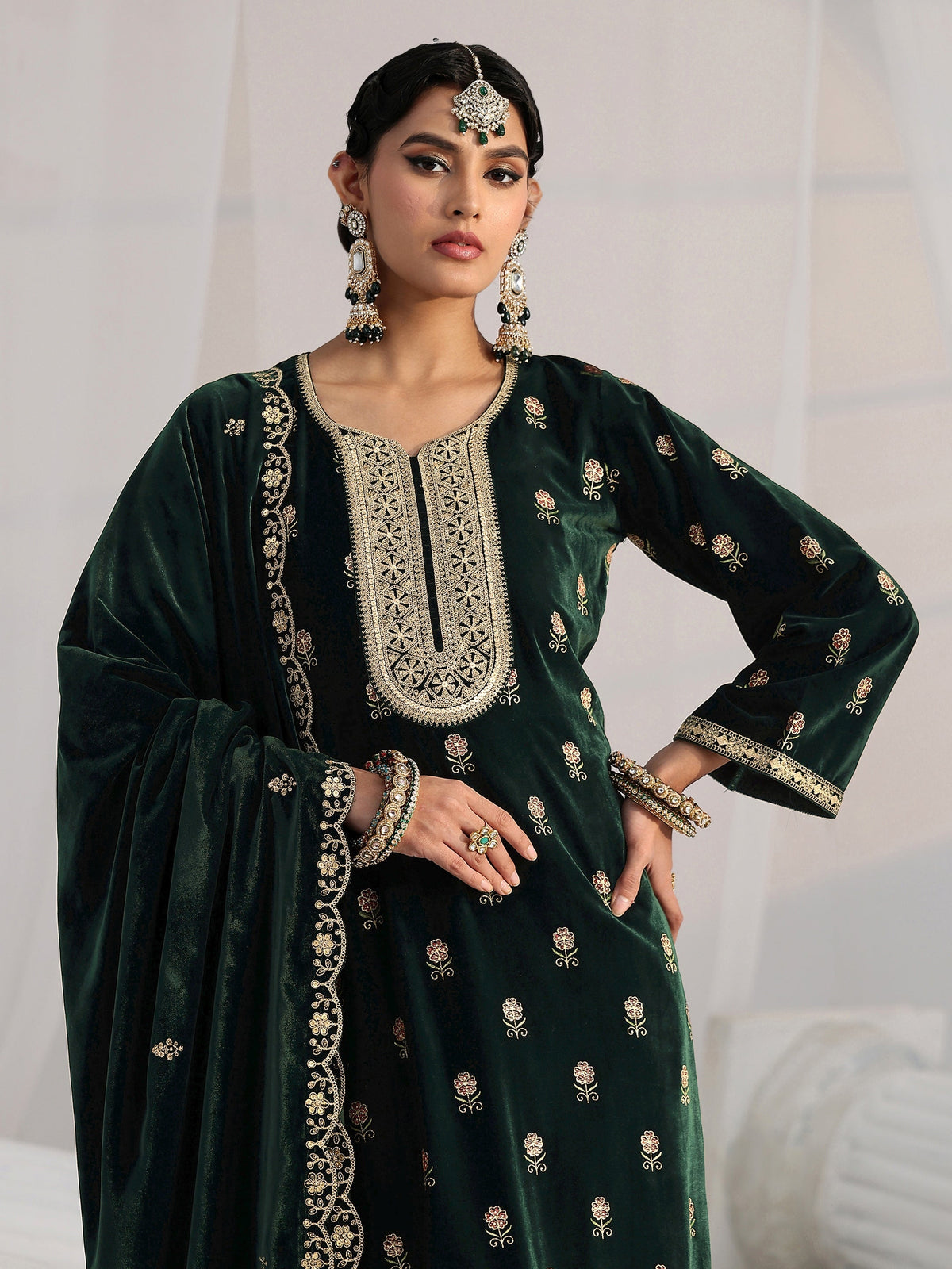 Anouk Dark Teal Green Floral Embroidered Velvet Straight Suit Set