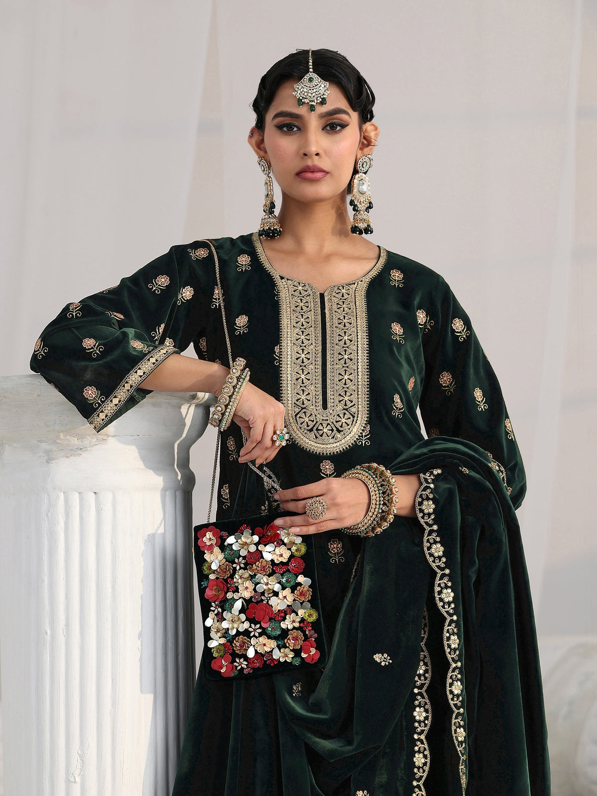 Anouk Dark Teal Green Floral Embroidered Velvet Straight Suit Set