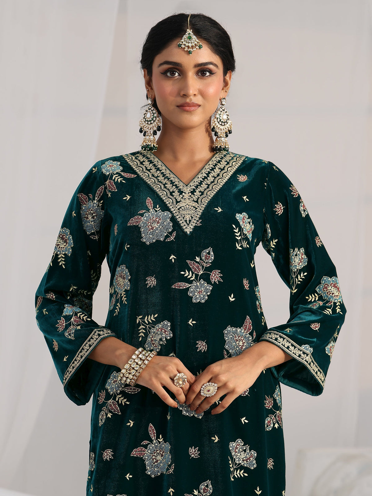 Anouk Peacock Green Floral Embroidered Velvet Straight Suit Set
