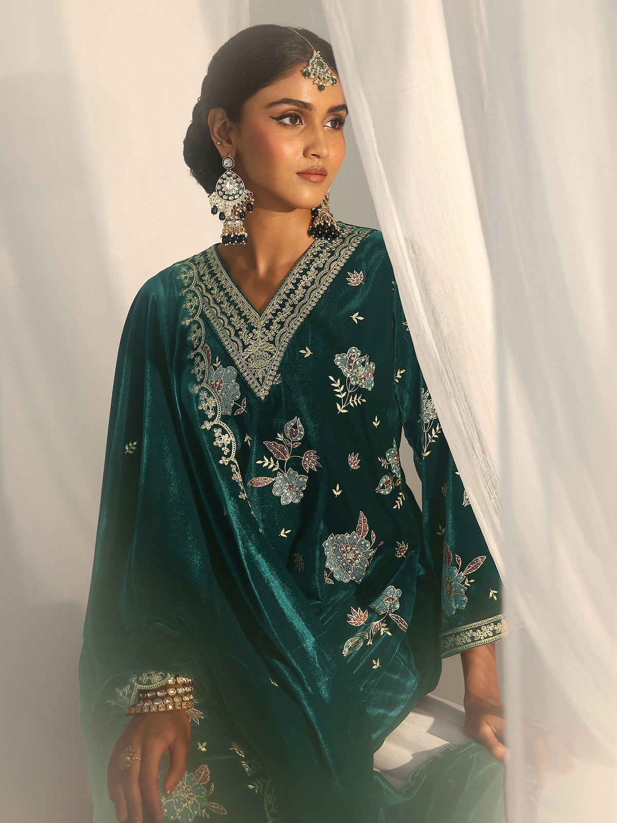Anouk Peacock Green Floral Embroidered Velvet Straight Suit Set