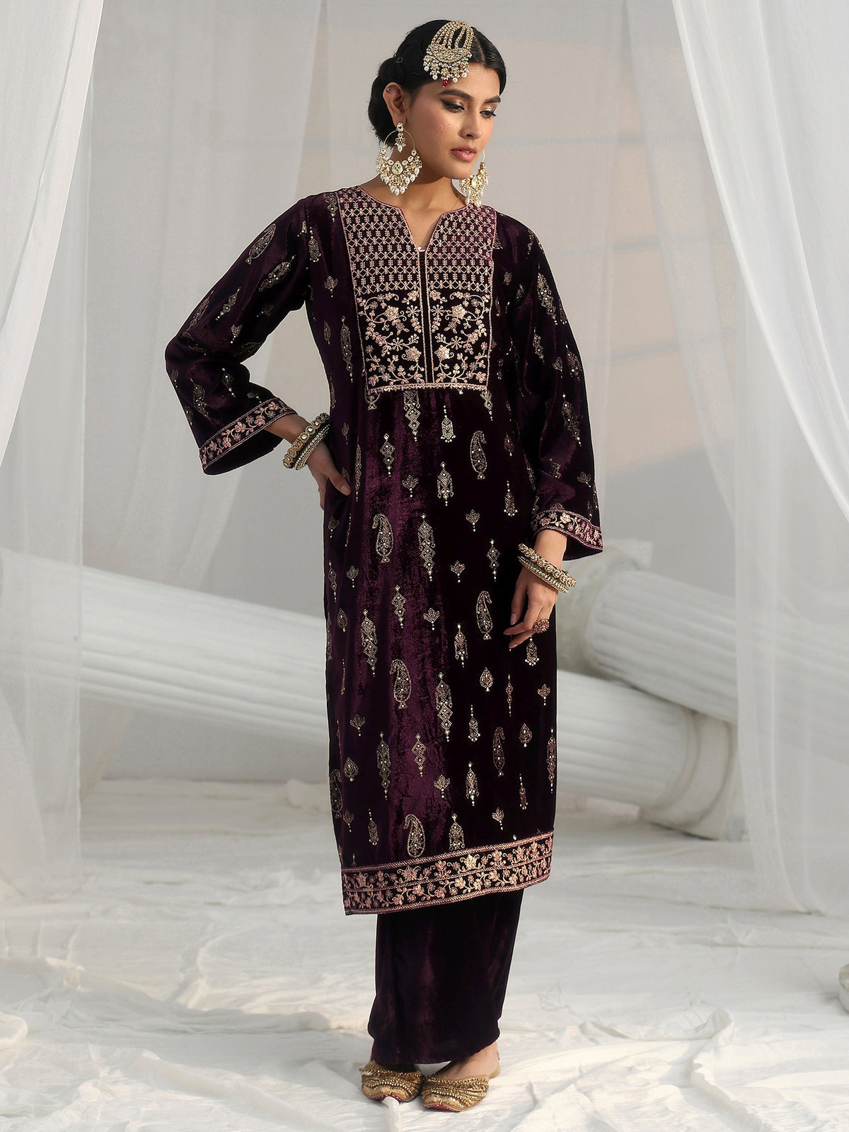 Anouk Plum Puprle Floral Embroidered Velvet Straight Suit Set