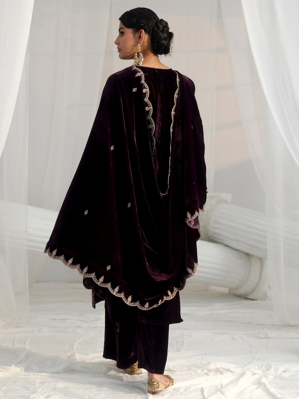 Anouk Plum Puprle Floral Embroidered Velvet Straight Suit Set
