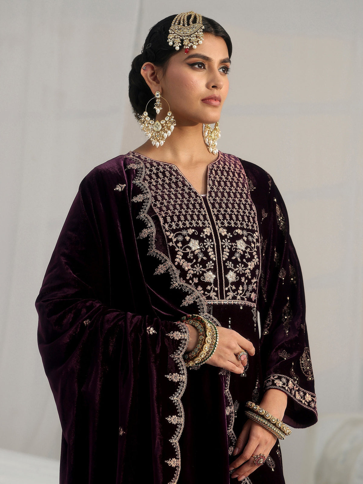 Anouk Plum Puprle Floral Embroidered Velvet Straight Suit Set