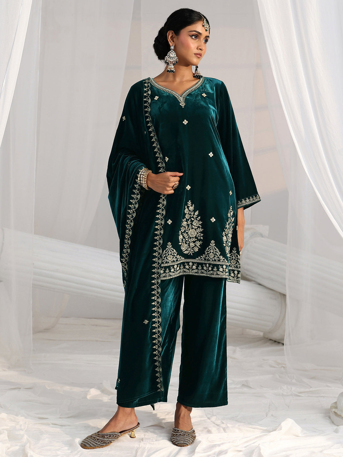 Anouk Teal Green Floral Embroidered Velvet Straight Suit Set