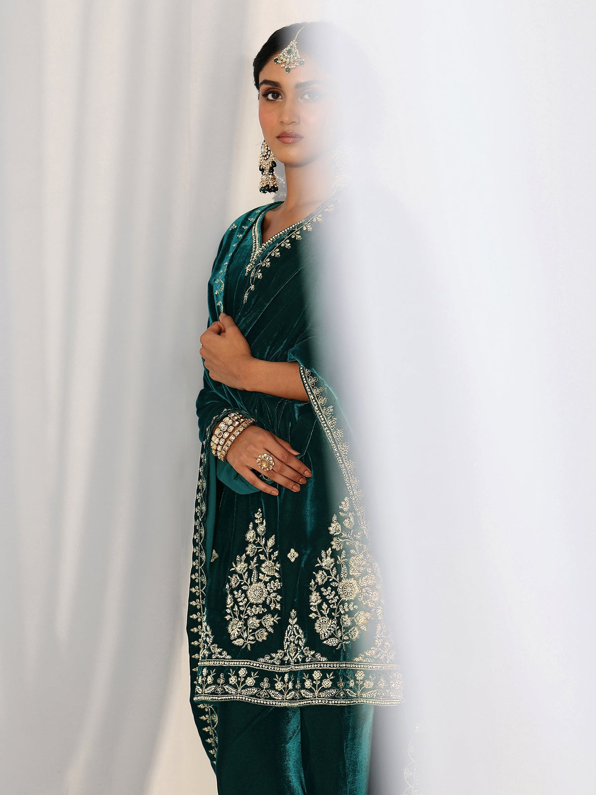 Anouk Teal Green Floral Embroidered Velvet Straight Suit Set
