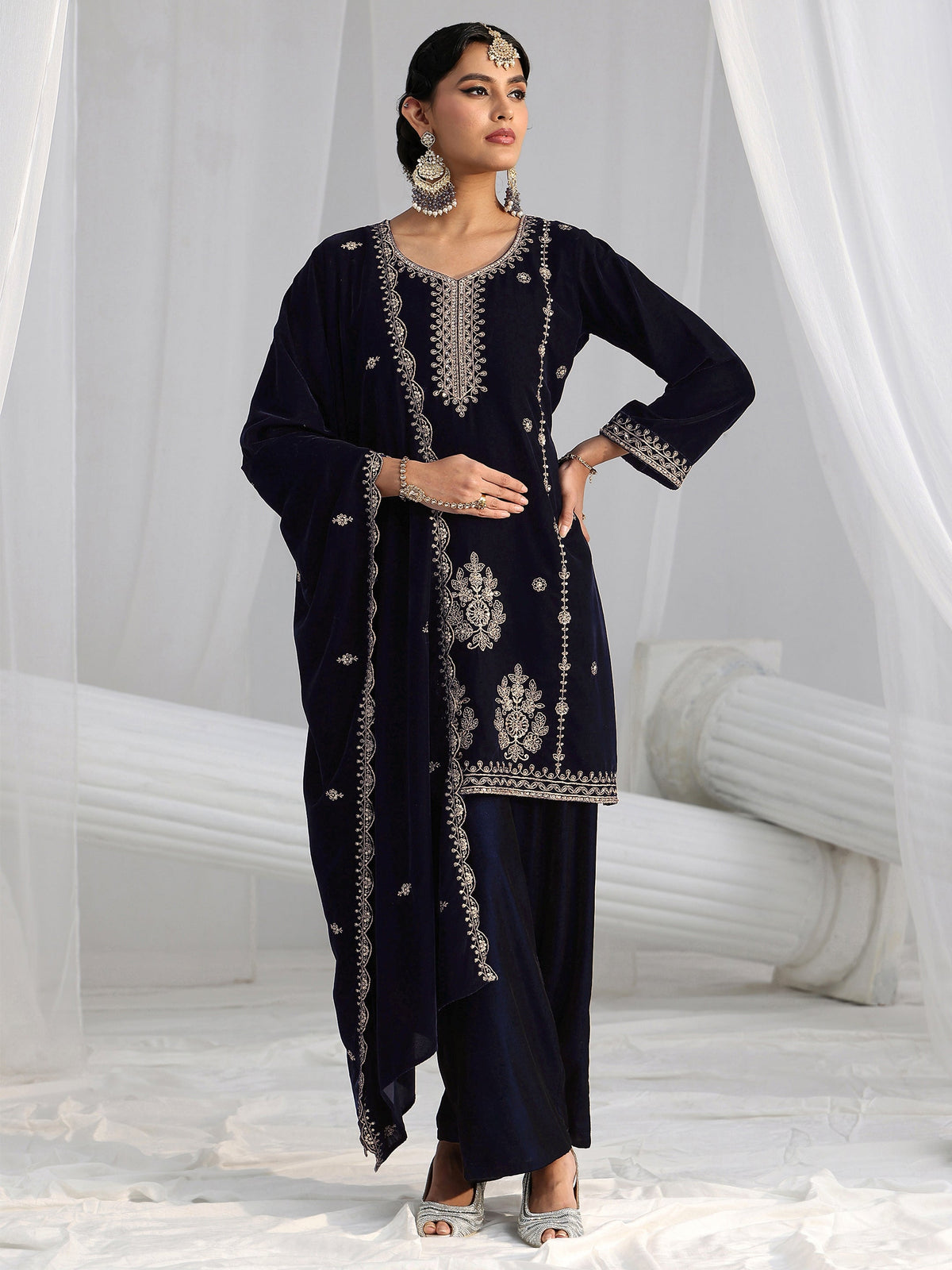 Anouk Navy Blue Floral Embroidered Velvet Straight Suit Set