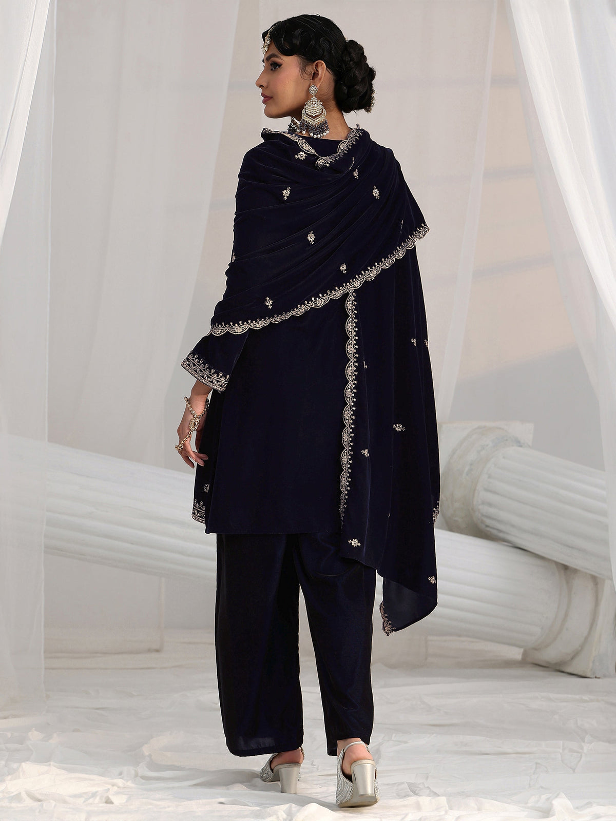 Anouk Navy Blue Floral Embroidered Velvet Straight Suit Set