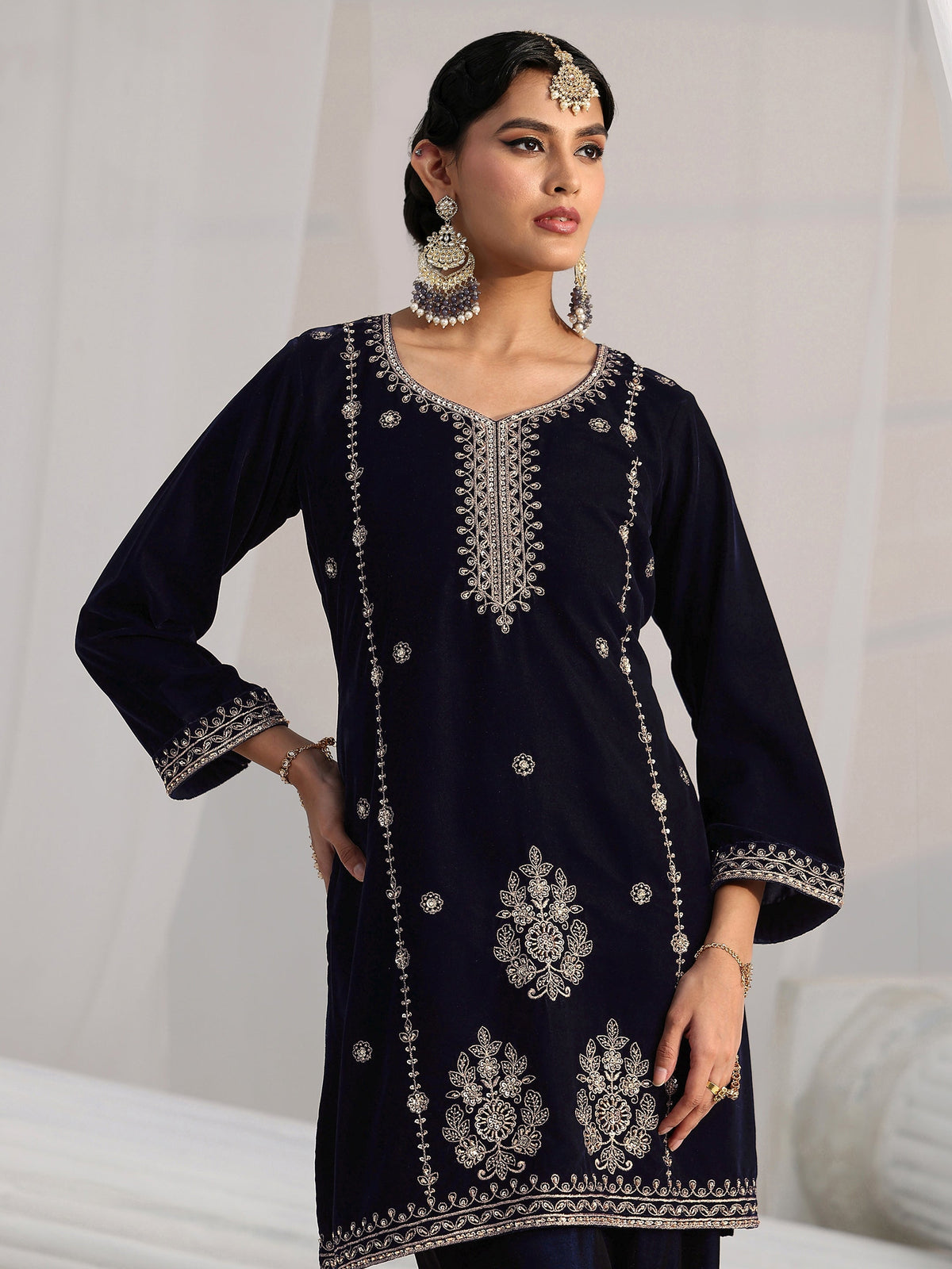 Anouk Navy Blue Floral Embroidered Velvet Straight Suit Set