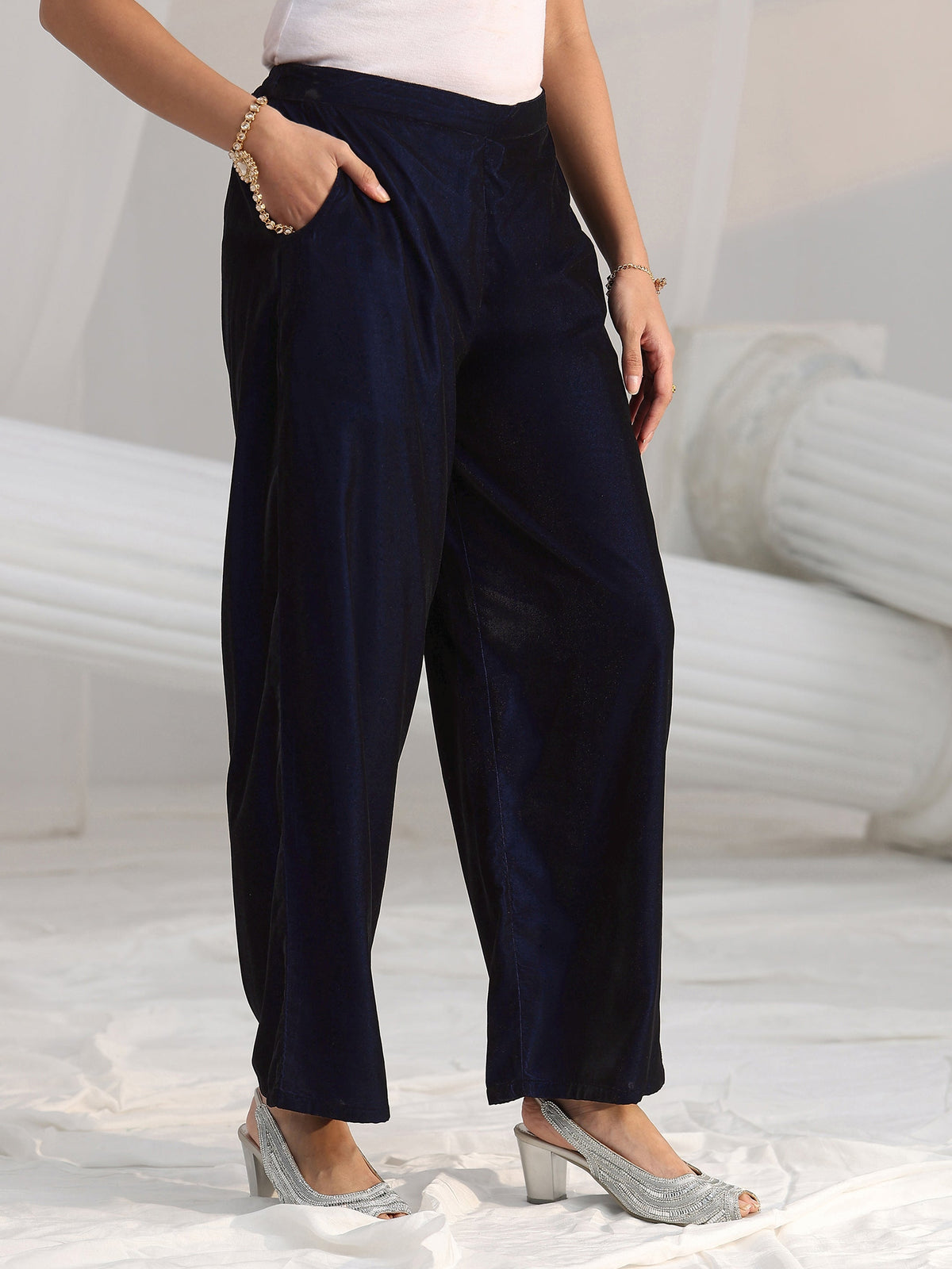 Anouk Navy Blue Floral Embroidered Velvet Straight Suit Set