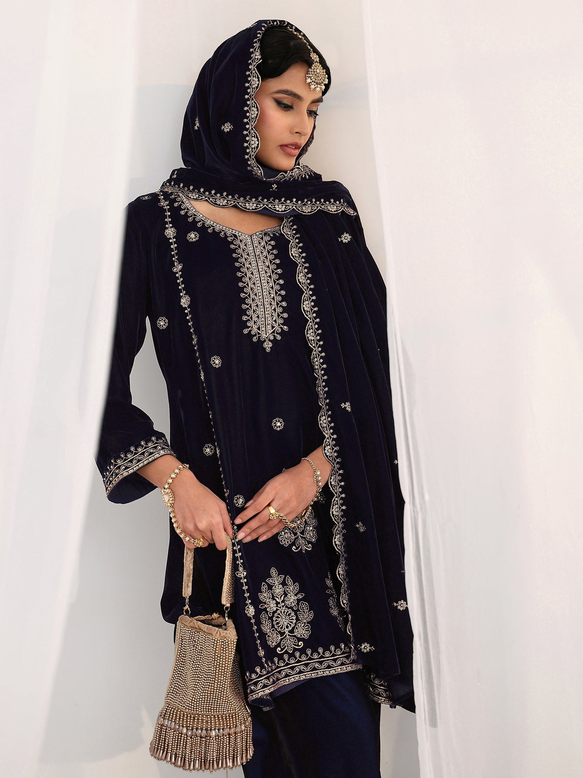 Anouk Navy Blue Floral Embroidered Velvet Straight Suit Set