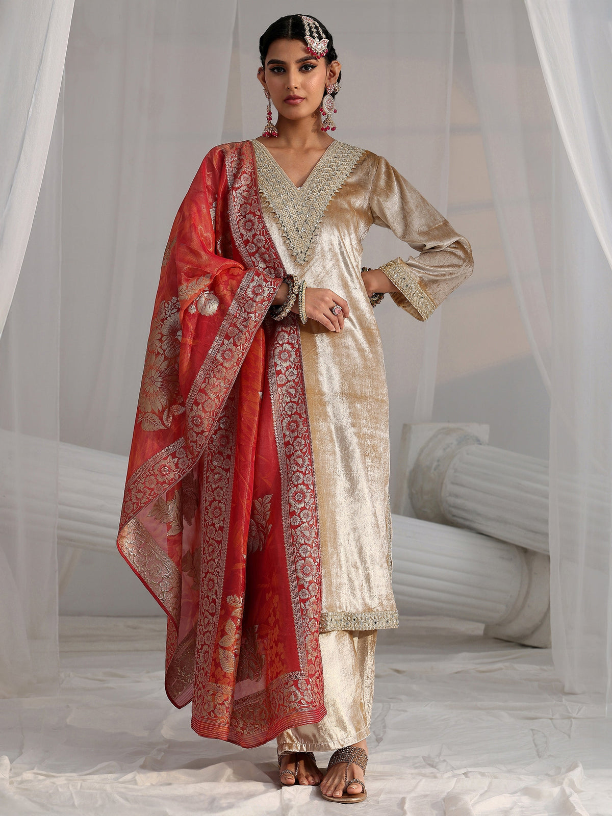 Anouk Cream Embroidered Velvet Straight Suit Set