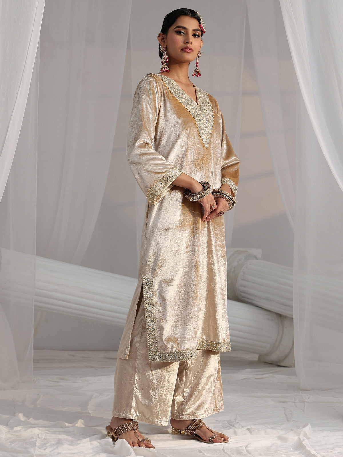 Anouk Cream Embroidered Velvet Straight Suit Set